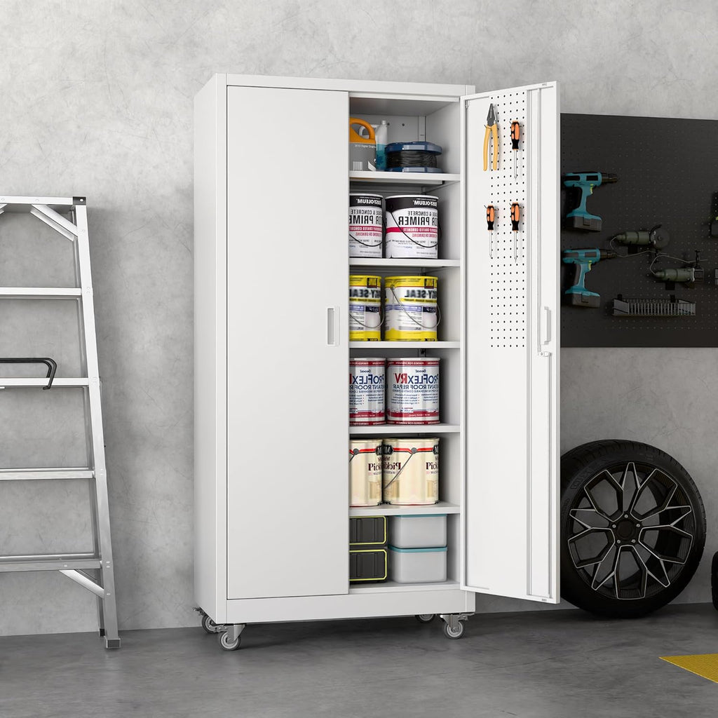 Garage Storage Cabinet With Wheels & Pegboard, Locking Metal Storage Cabinet With 2 Doors And 5 Adjustable Shelves For Garage Workshop Home, White, Assembly Required