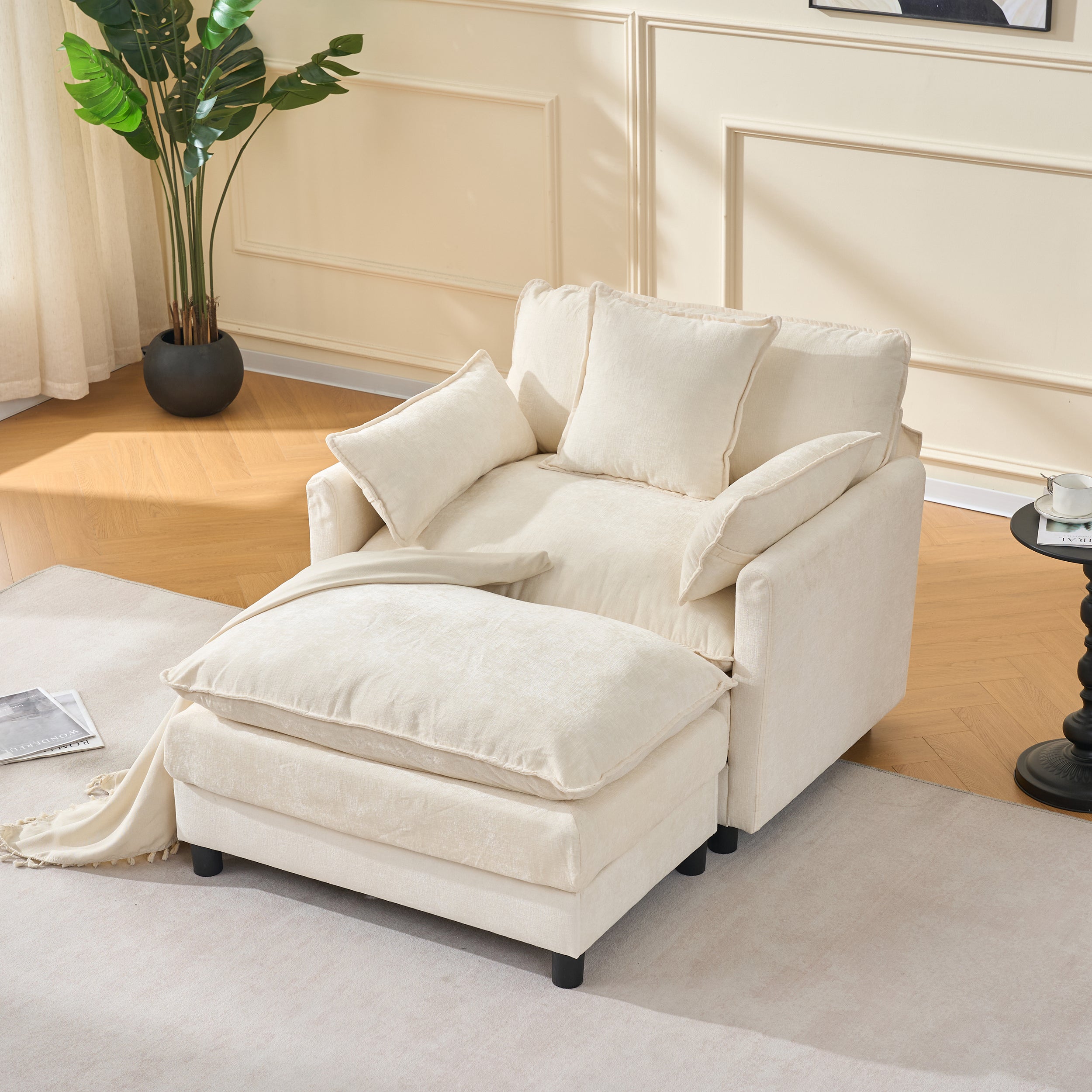 39.4  Modern Accent Chair With Ottoman, Living Room Club Chair Chenille Upholstered Armchair , Reading Chair For Bedroom, Beige Chenille