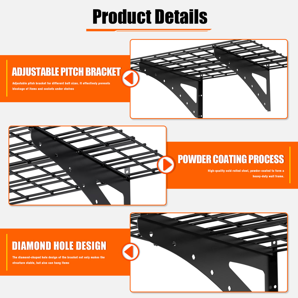 24X48 Inch Wall Mounted Garage Wall Mounted Shelf, Supermarket Storage Rack, Black, 2-piece Set