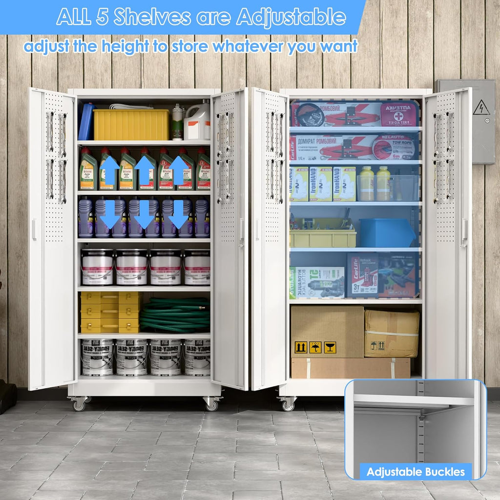 Garage Storage Cabinet With Wheels & Pegboard, Locking Metal Storage Cabinet With 2 Doors And 5 Adjustable Shelves For Garage Workshop Home, White, Assembly Required