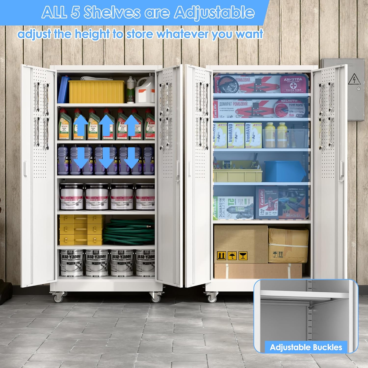 Garage Storage Cabinet With Wheels & Pegboard, Locking Metal Storage Cabinet With 2 Doors And 5 Adjustable Shelves For Garage Workshop Home, White, Assembly Required