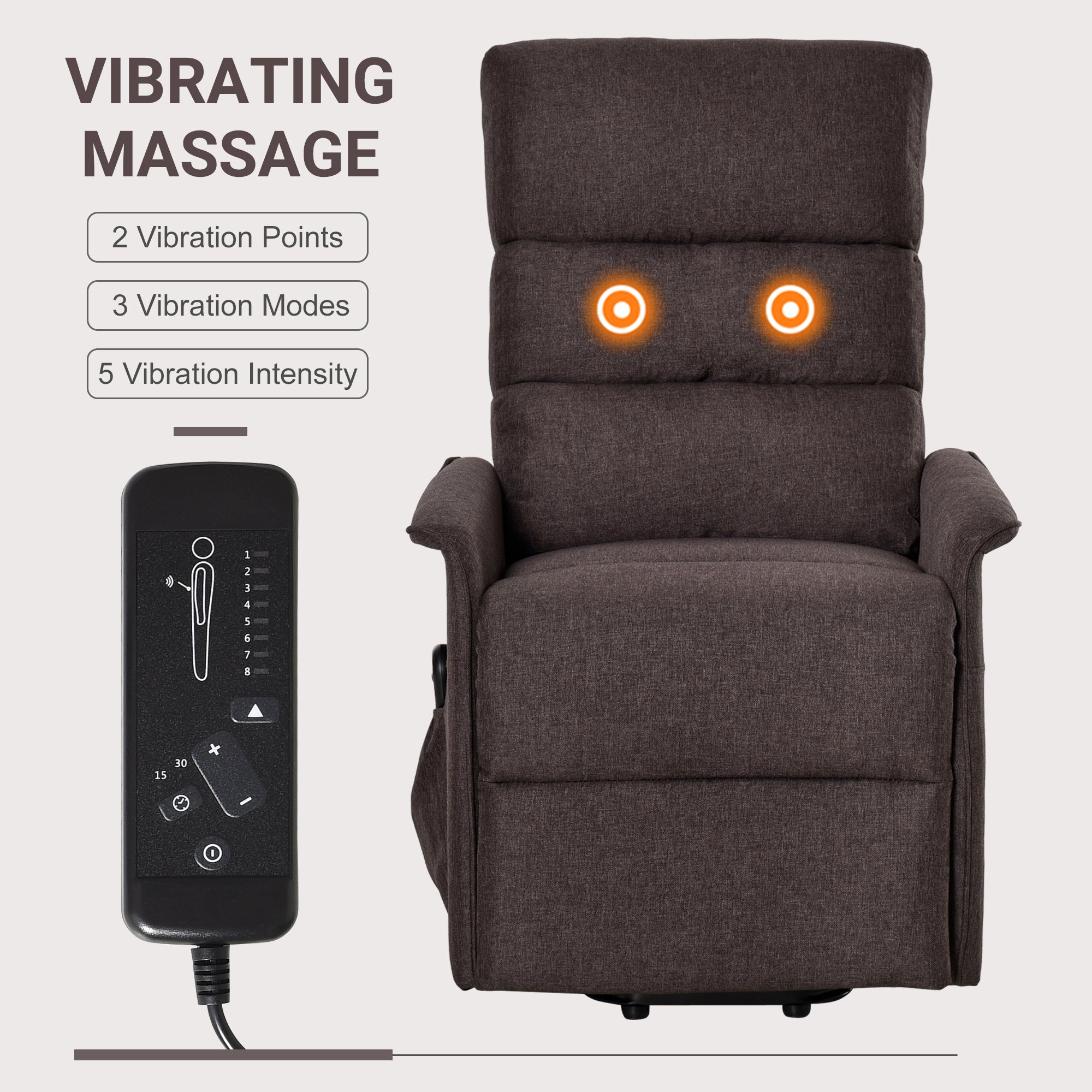 Power Lift Chair with Vibration Massage, Fabric Upholstered Recliner Chair for Elderly with Remote Control, Side Pockets, Brown