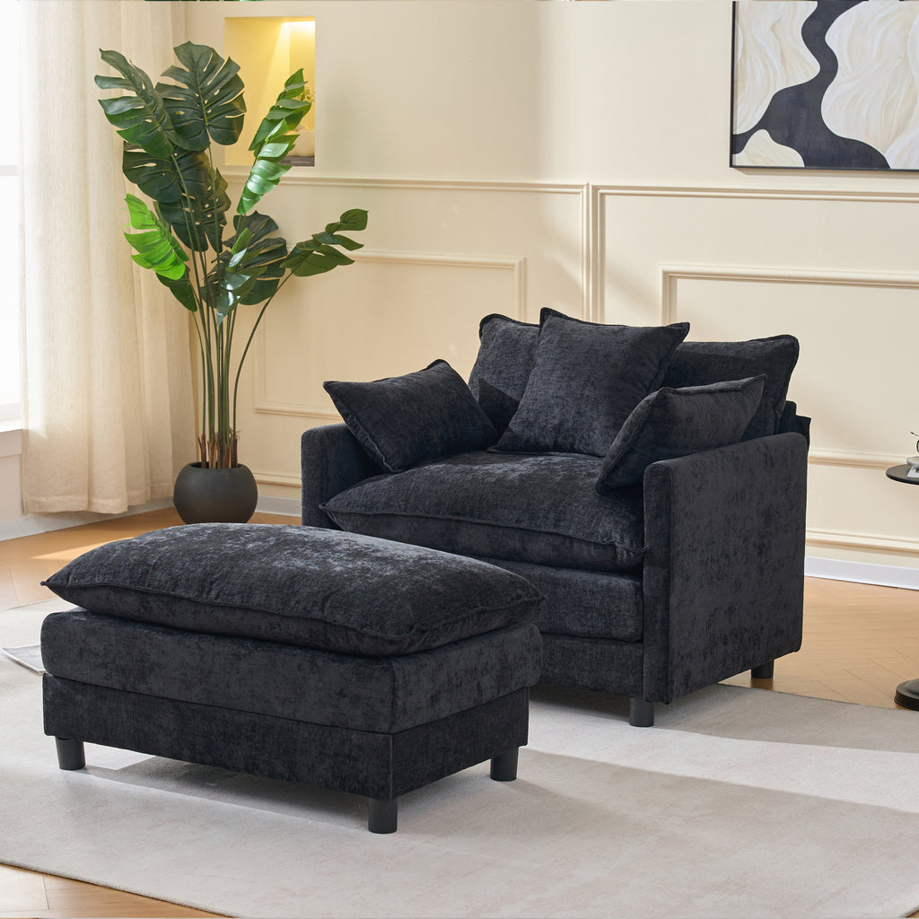 39.4  Modern Accent Chair With Ottoman, Living Room Club Chair Chenille Upholstered Armchair , Reading Chair For Bedroom, Black Chenille