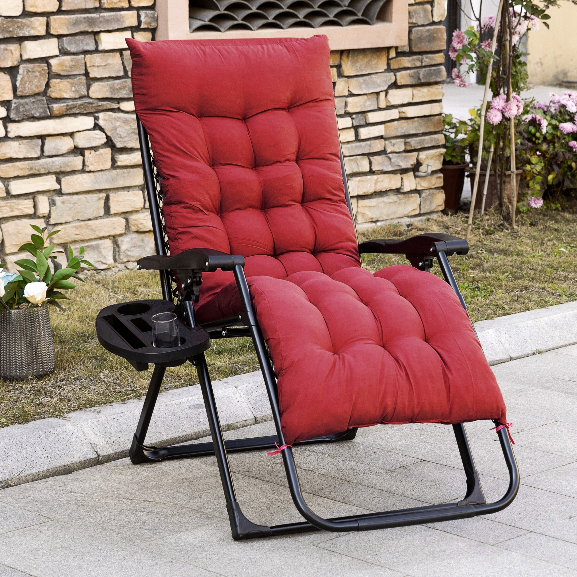 Padded Zero Gravity Chair, Folding Recliner Chair With Cup Holder Cushion, Red