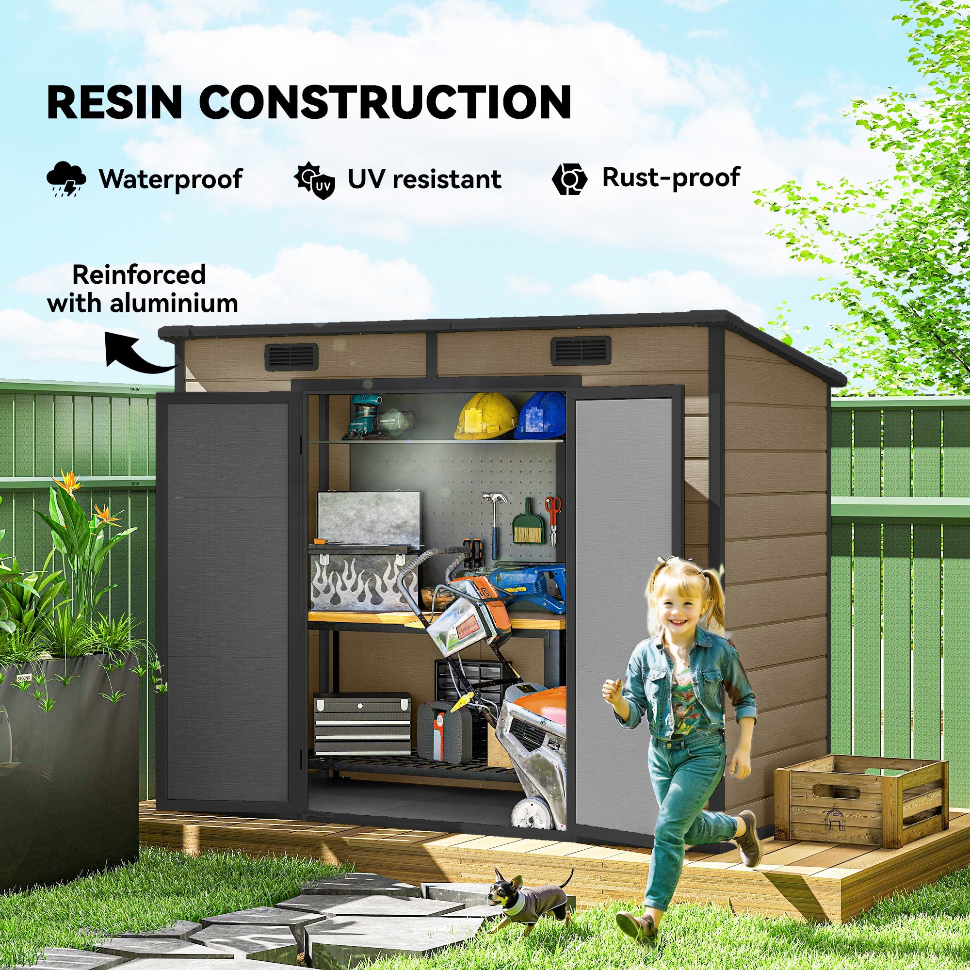 8' x 4' Plastic Outdoor Storage Shed with Floor, Window, Lockable Doors and Vents for Backyard Patio Lawn, Light Brown