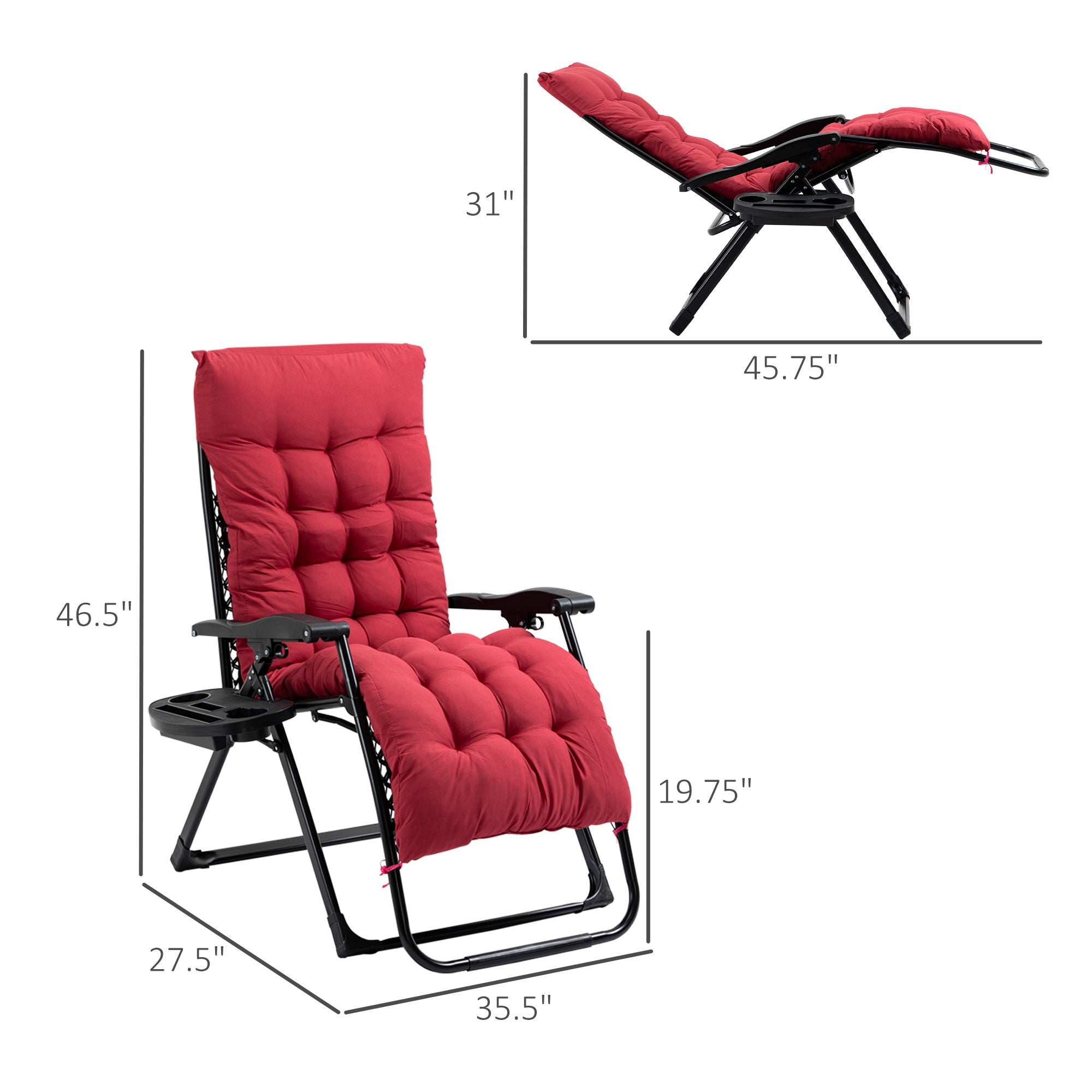 Padded Zero Gravity Chair, Folding Recliner Chair With Cup Holder Cushion, Red