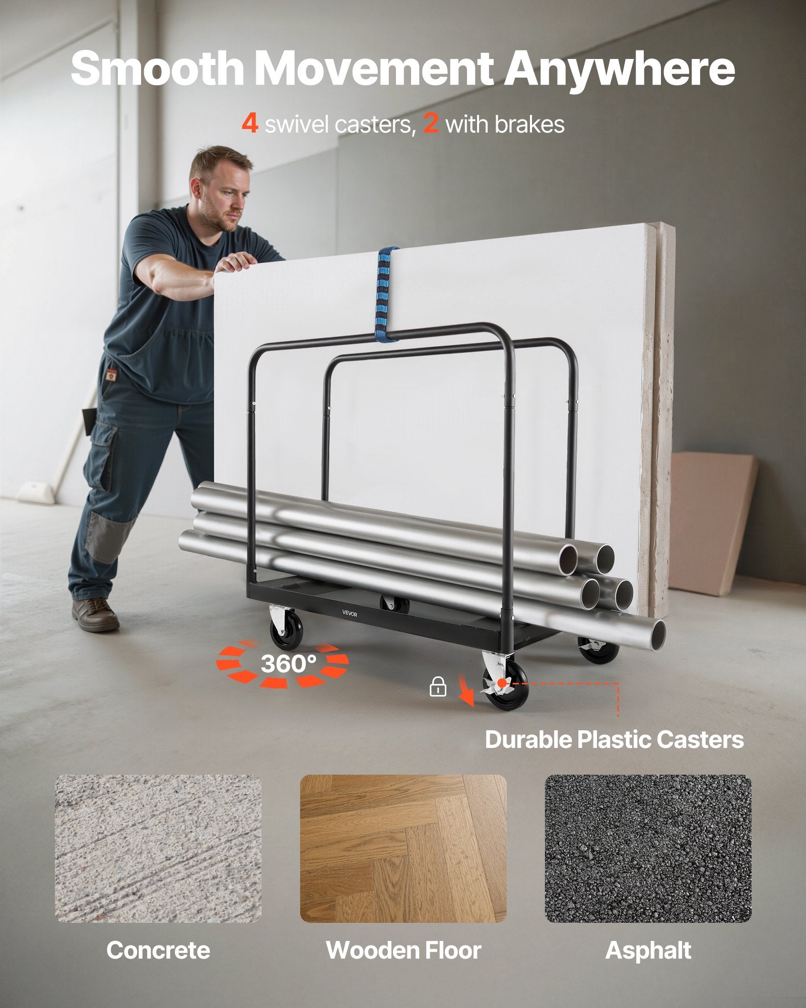 Drywall Cart Dolly, 1800 Lbs Load Capacity, Steel Panel Truck Cart With 5 Inch Swivel Casters, Lumber Drywall Dolly With With Tie-Down Strap & 3 Side Handrails For Factory, Warehouse, Garage, Black