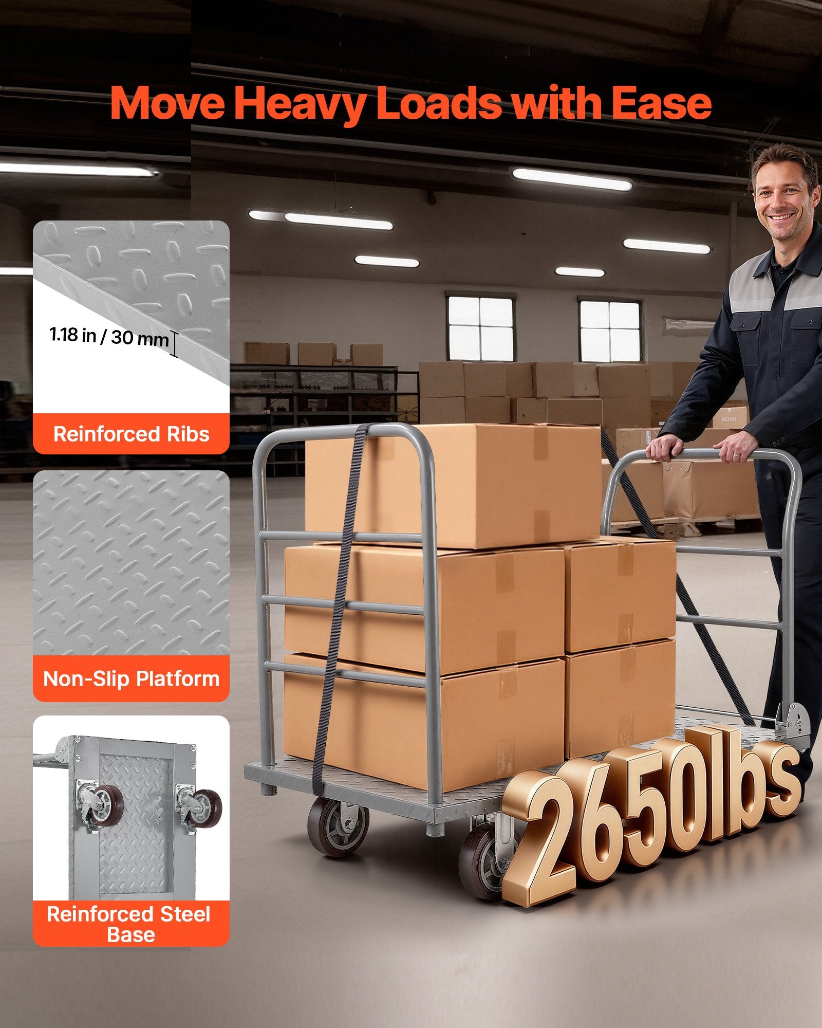 Platform Truck, 2650 Lbs Capacity, Heavy Duty Flatbed Cart Dolly With Detachable Guardrail And Swivel Wheels, Foldable Hand Push Truck Cart, For Groceries, Garage, Warehouse, 48 X 24 X 36.2 In