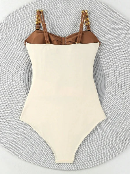 Women's One-piece Patchwork Color Camisole Swimsuit Metal Design