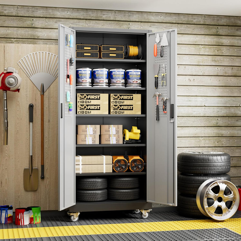 Garage Storage Cabinet With Pegboard And 5 Adjustable Shelves, Metal Lockable Cabinet With Magnetic Doors,Tool Storage,Home Office Garage,Gym,School Black-Grey