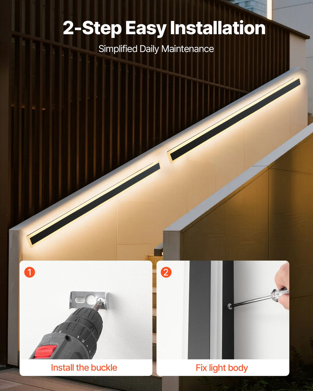 Outdoor Wall Lights, 2 Pack, 47.2 Inch Long Strip Modern Exterior Wall Sconce Light Fixtures, 3000K Warm White, IP65 Waterproof Anti-Rust Outside Wall Mount Lighting, For House, Porch, Garage