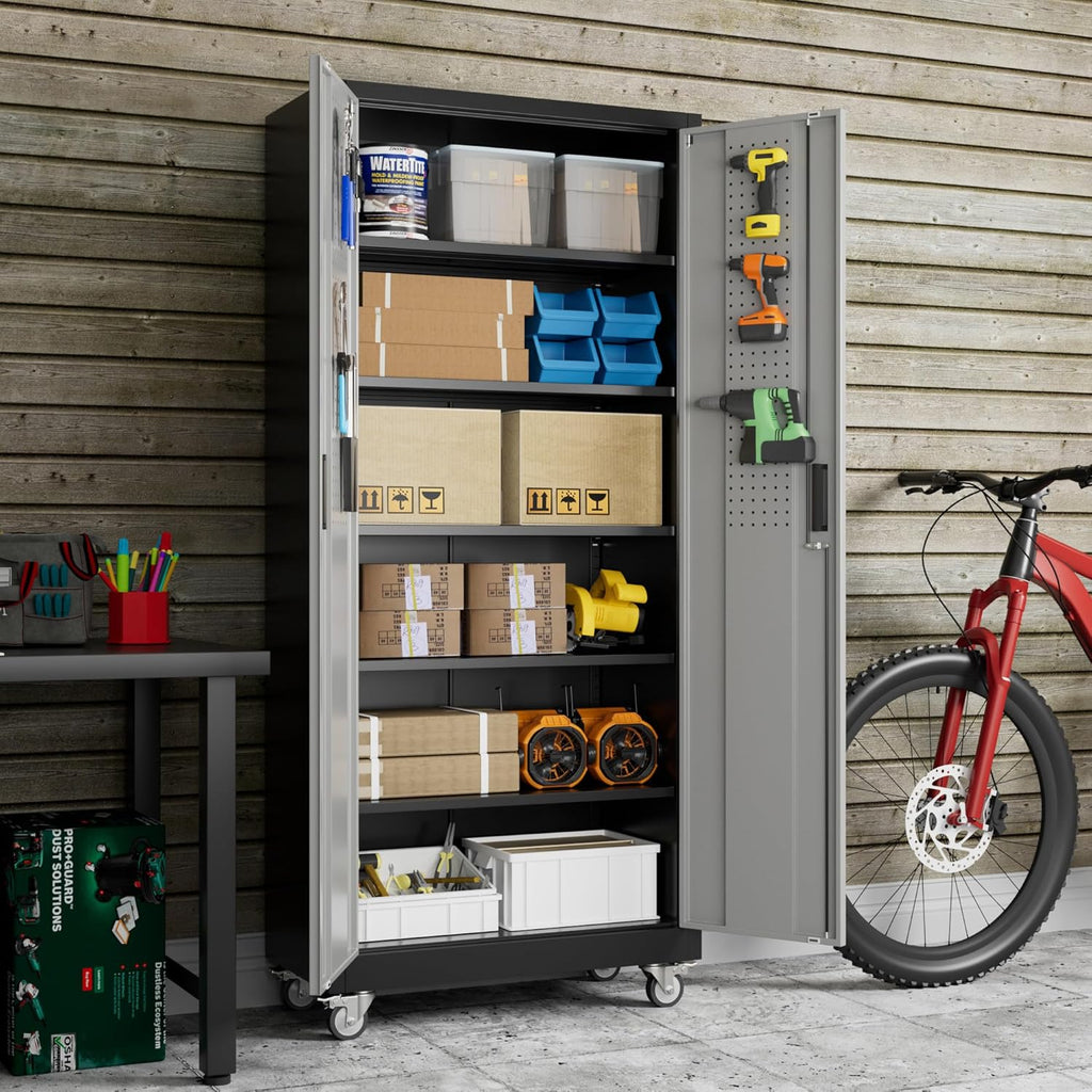 Garage Storage Cabinet With Pegboard And 5 Adjustable Shelves, Metal Lockable Cabinet With Magnetic Doors,Tool Storage,Home Office Garage,Gym,School Black-Grey