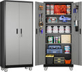 Garage Storage Cabinet With Pegboard And 5 Adjustable Shelves, Metal Lockable Cabinet With Magnetic Doors,Tool Storage,Home Office Garage,Gym,School Black-Grey