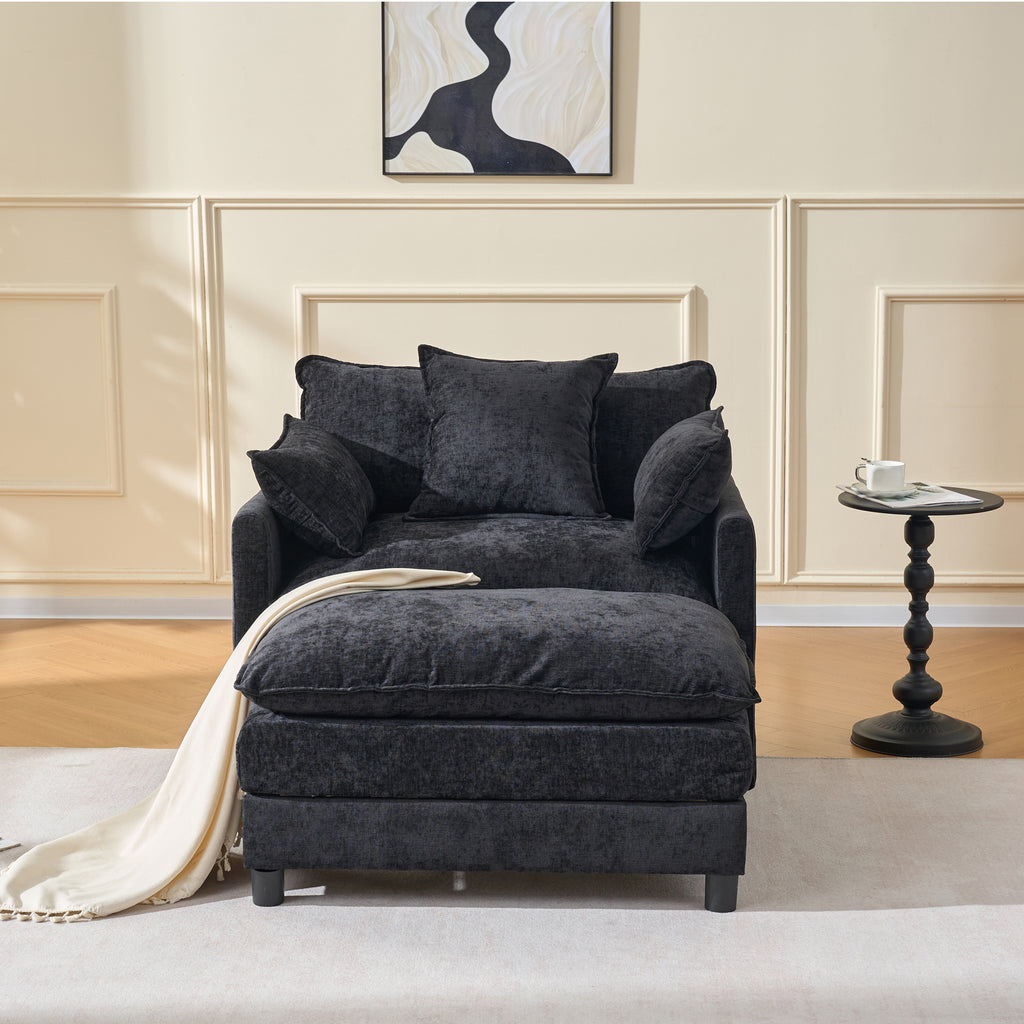 39.4  Modern Accent Chair With Ottoman, Living Room Club Chair Chenille Upholstered Armchair , Reading Chair For Bedroom, Black Chenille