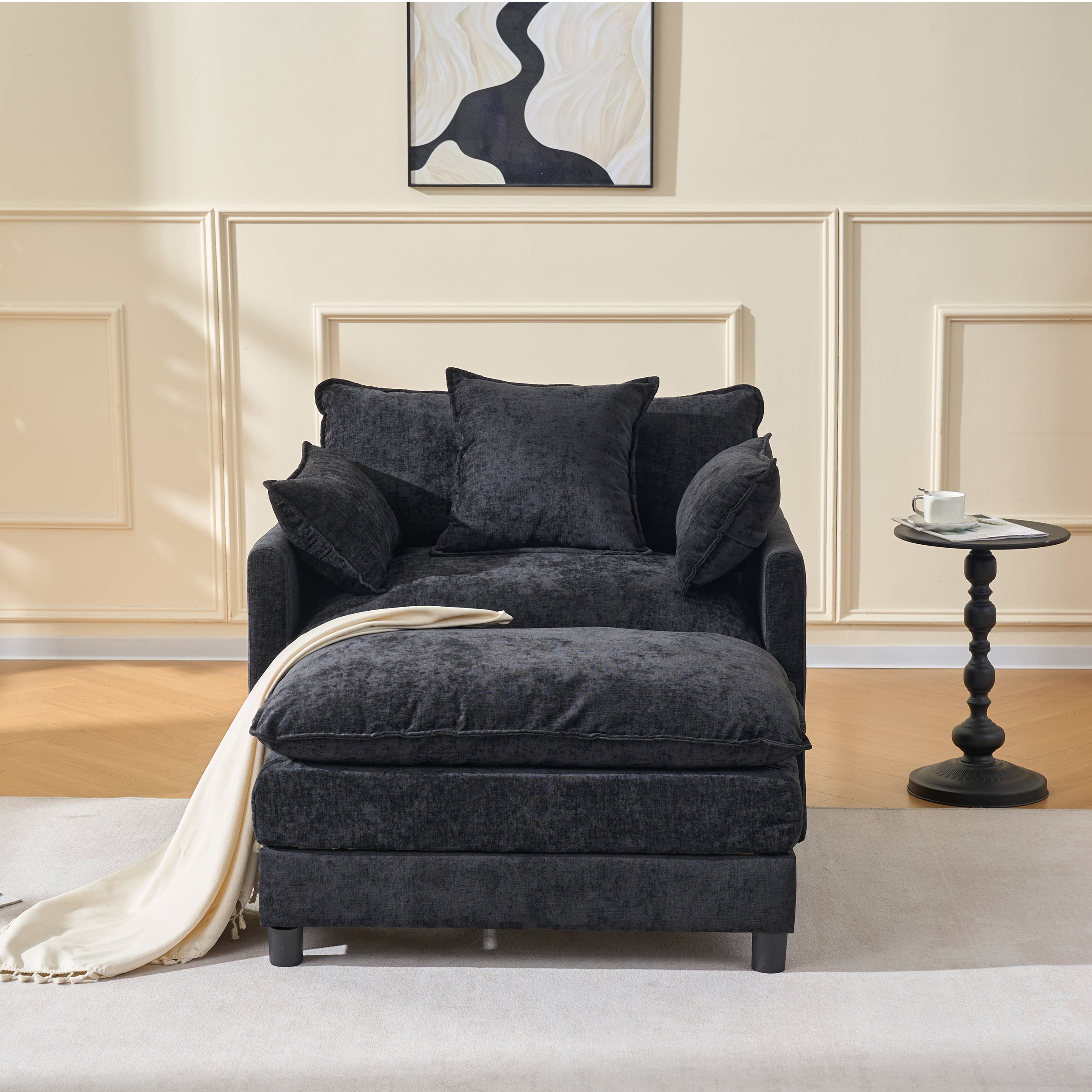 39.4  Modern Accent Chair With Ottoman, Living Room Club Chair Chenille Upholstered Armchair , Reading Chair For Bedroom, Black Chenille
