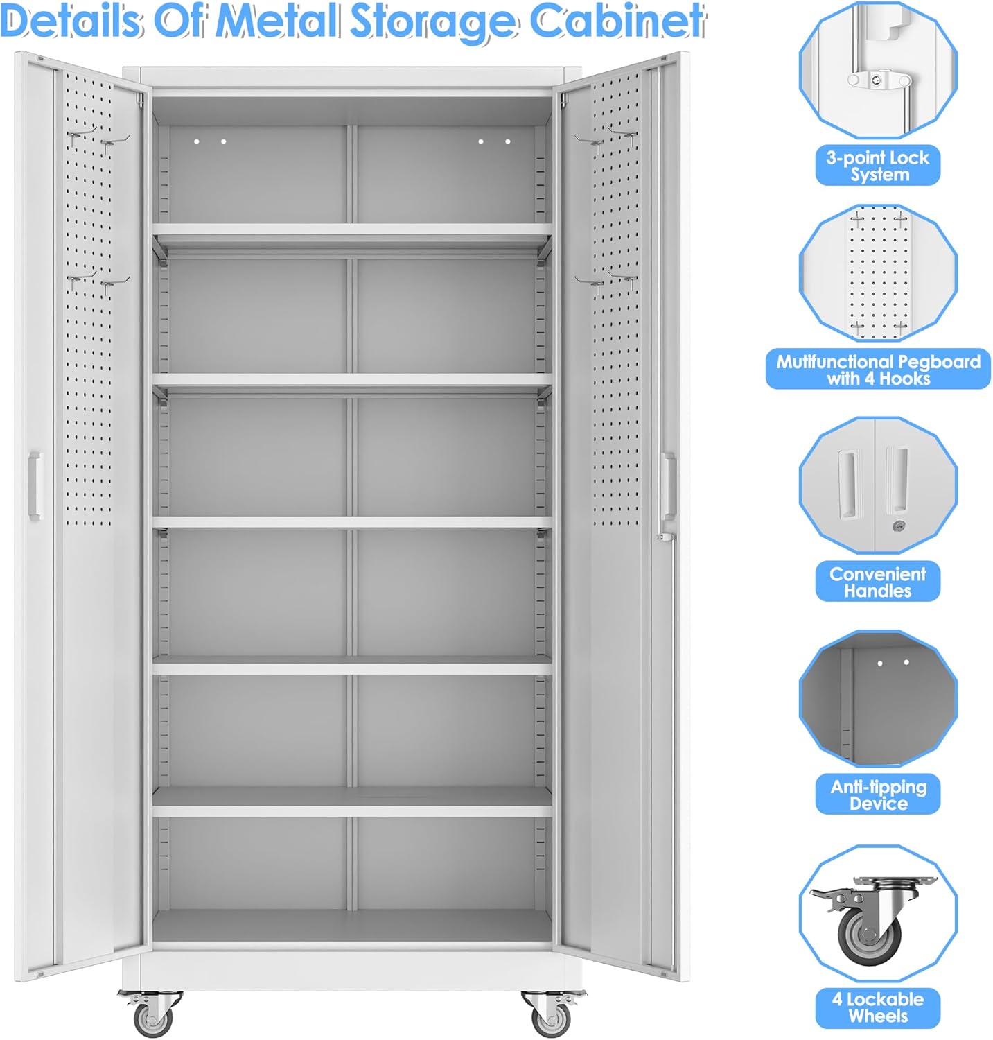 Garage Storage Cabinet With Wheels & Pegboard, Locking Metal Storage Cabinet With 2 Doors And 5 Adjustable Shelves For Garage Workshop Home, White, Assembly Required