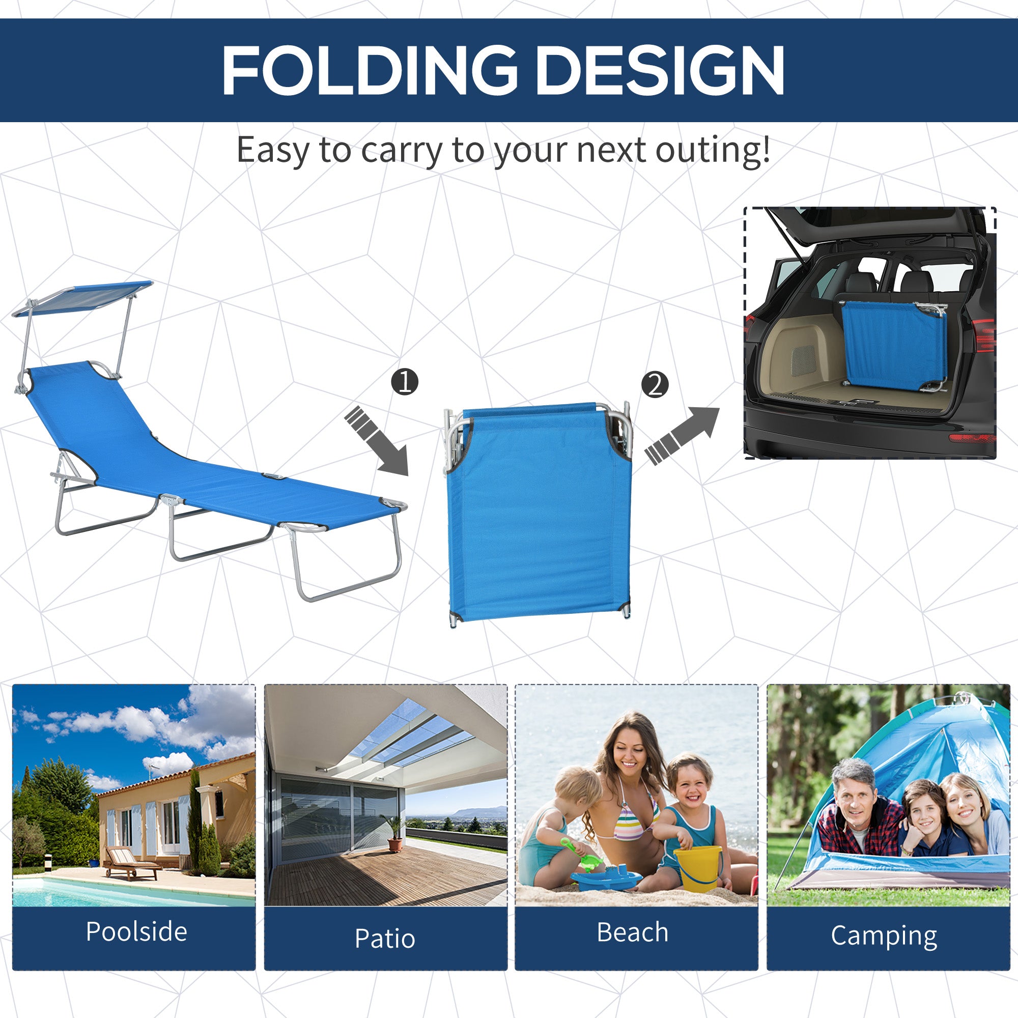 Outdoor Pool Chaise Lounge Chair, Folding Tanning Chair With Sun Shade, Blue