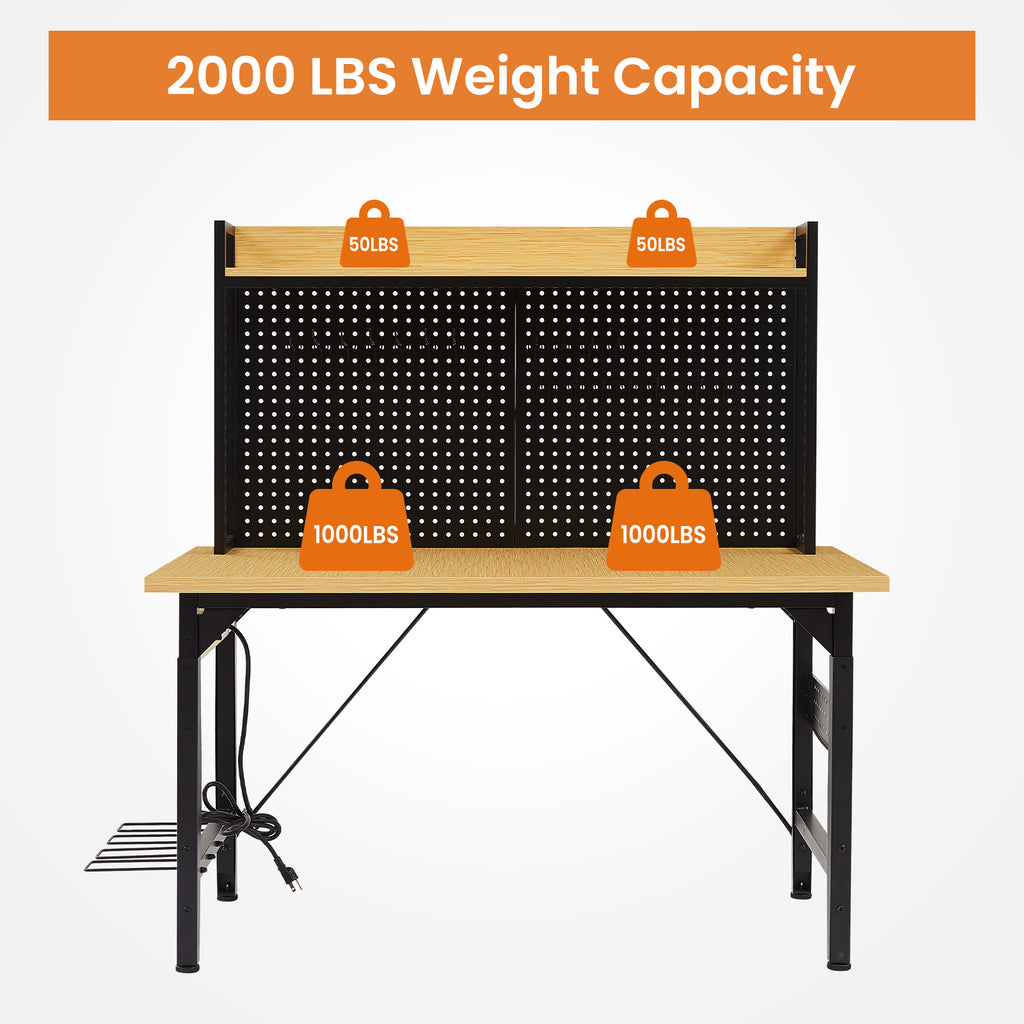 48  Adjustable Workbench With Pegboard, Heavy Duty Wooden Desktop Workbench With Wheels, 1600 Lb. Load Capacity, Rolling Workbench With AC USB Outlet, Hooks, Shelf