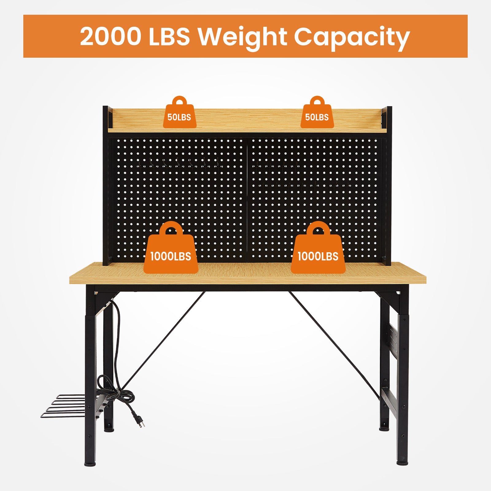 48  Adjustable Workbench With Pegboard, Heavy Duty Wooden Desktop Workbench With Wheels, 1600 Lb. Load Capacity, Rolling Workbench With AC USB Outlet, Hooks, Shelf