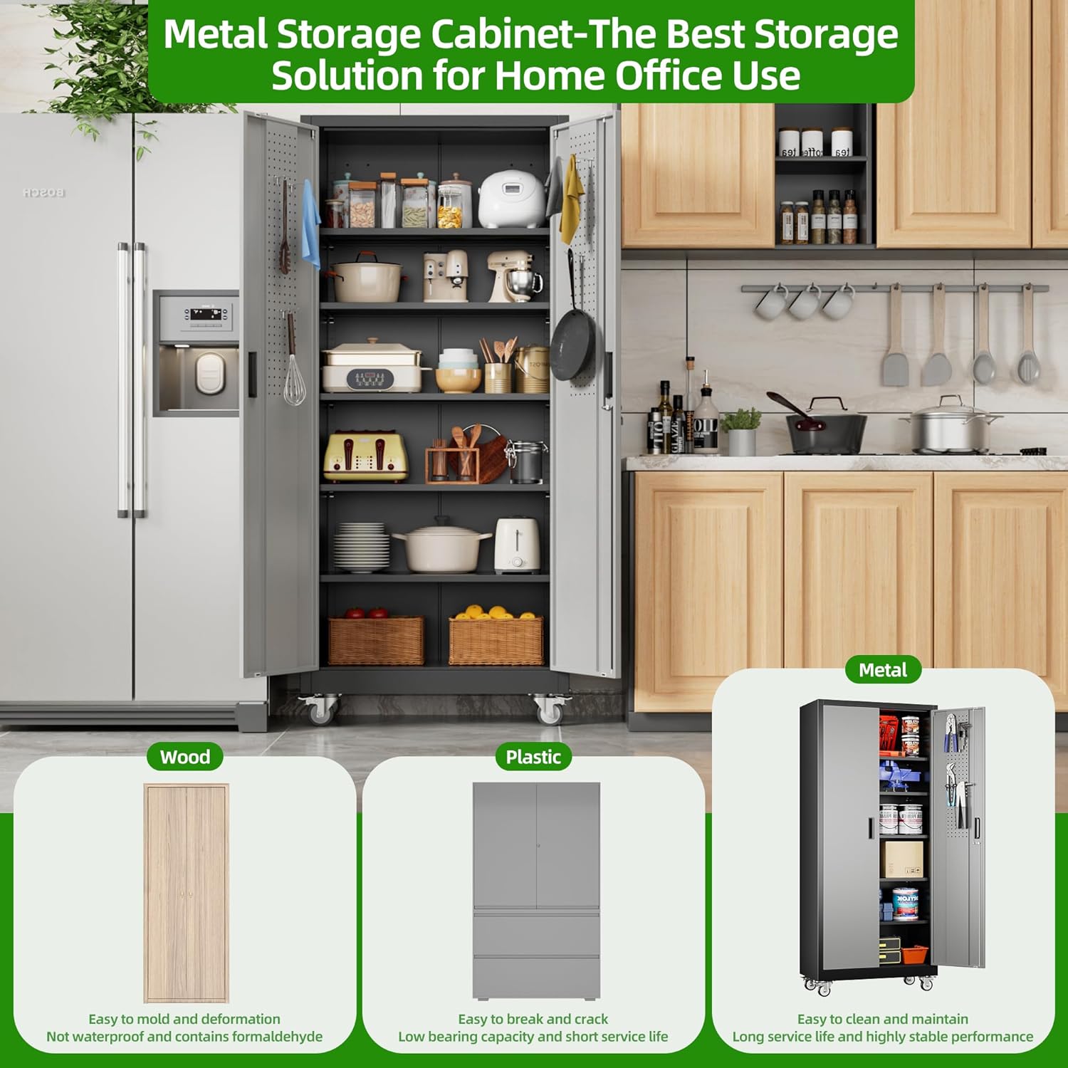 Garage Storage Cabinet With Pegboard And 5 Adjustable Shelves, Metal Lockable Cabinet With Magnetic Doors,Tool Storage,Home Office Garage,Gym,School Black-Grey