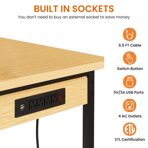 48  Adjustable Workbench With Pegboard, Heavy Duty Wooden Desktop Workbench With Wheels, 1600 Lb. Load Capacity, Rolling Workbench With AC USB Outlet, Hooks, Shelf