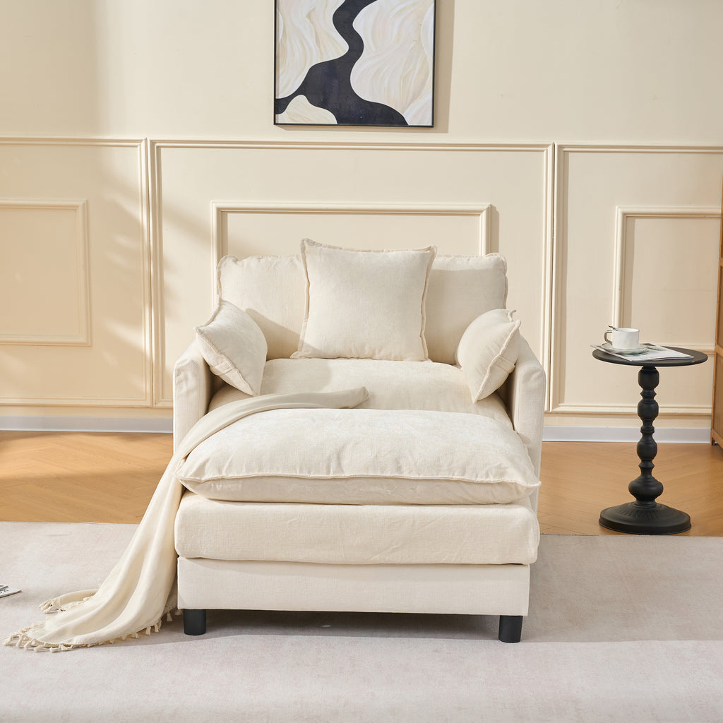 39.4  Modern Accent Chair With Ottoman, Living Room Club Chair Chenille Upholstered Armchair , Reading Chair For Bedroom, Beige Chenille