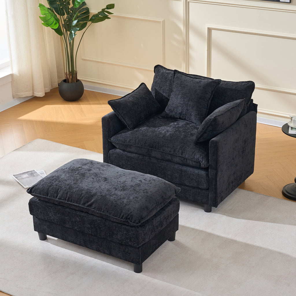 39.4  Modern Accent Chair With Ottoman, Living Room Club Chair Chenille Upholstered Armchair , Reading Chair For Bedroom, Black Chenille