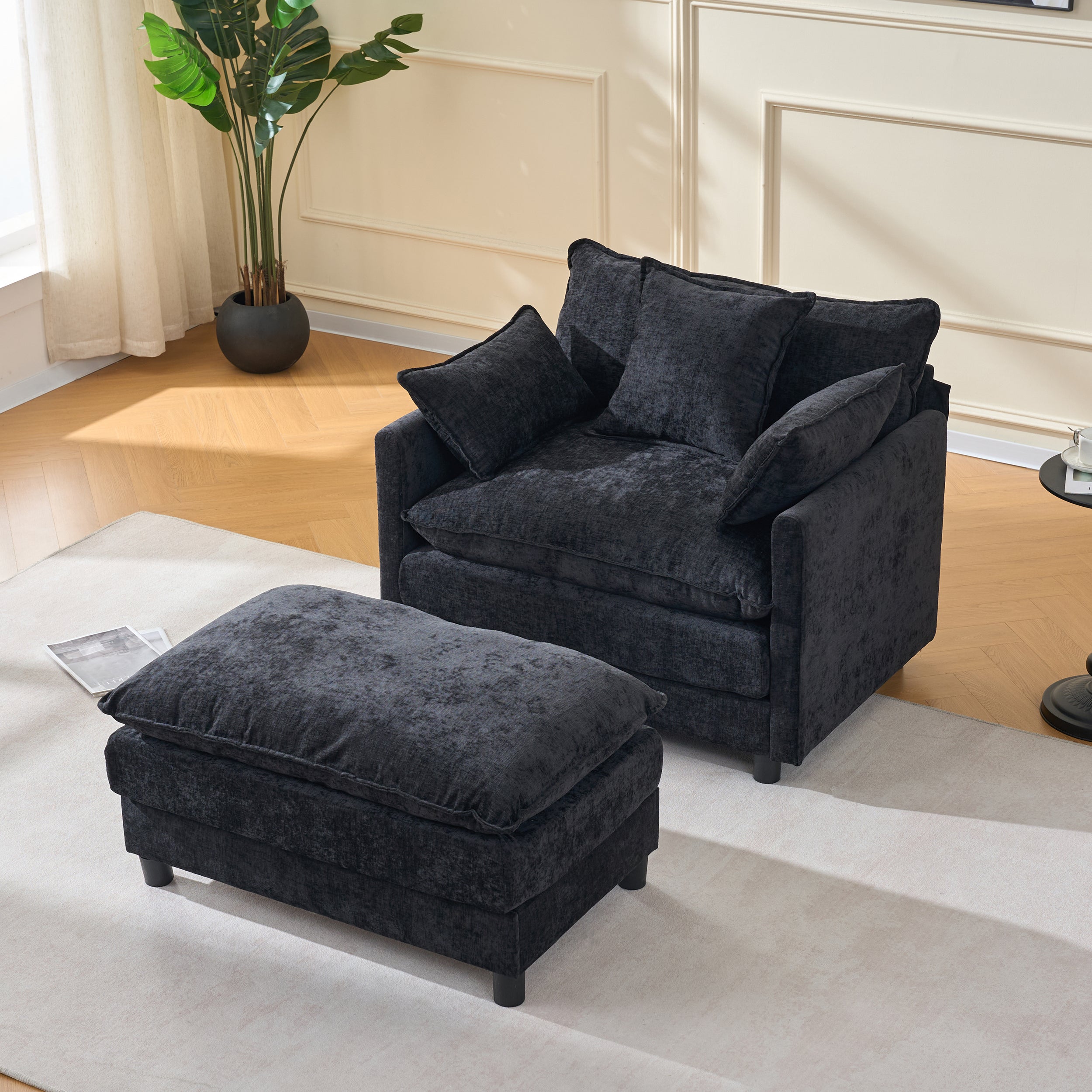 39.4  Modern Accent Chair With Ottoman, Living Room Club Chair Chenille Upholstered Armchair , Reading Chair For Bedroom, Black Chenille