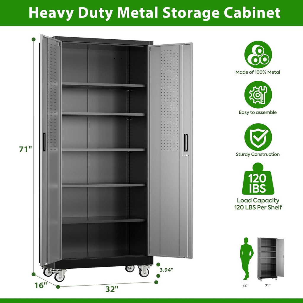 Garage Storage Cabinet With Pegboard And 5 Adjustable Shelves, Metal Lockable Cabinet With Magnetic Doors,Tool Storage,Home Office Garage,Gym,School Black-Grey