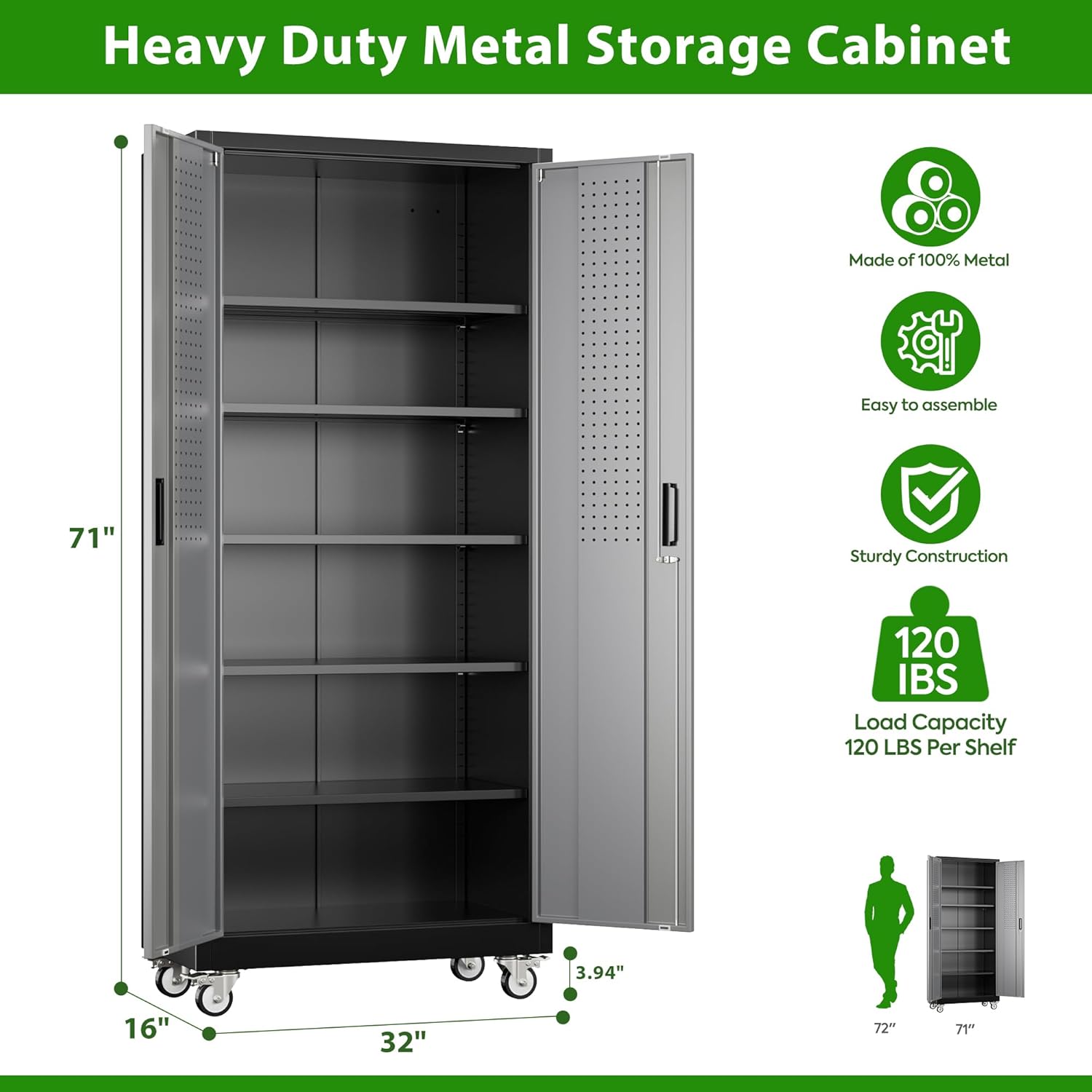 Garage Storage Cabinet With Pegboard And 5 Adjustable Shelves, Metal Lockable Cabinet With Magnetic Doors,Tool Storage,Home Office Garage,Gym,School Black-Grey