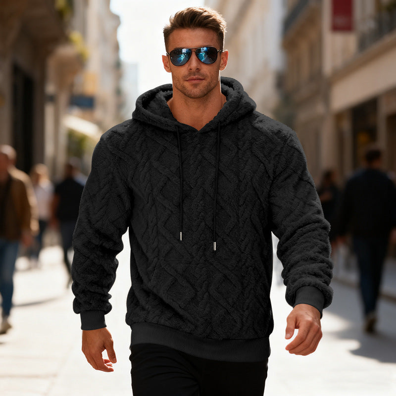 Plush Hooded Sweatshirt Winter Warm Long-sleeved Pullover Top Men's Casual Solid Color Fleece Hoodie Clothing