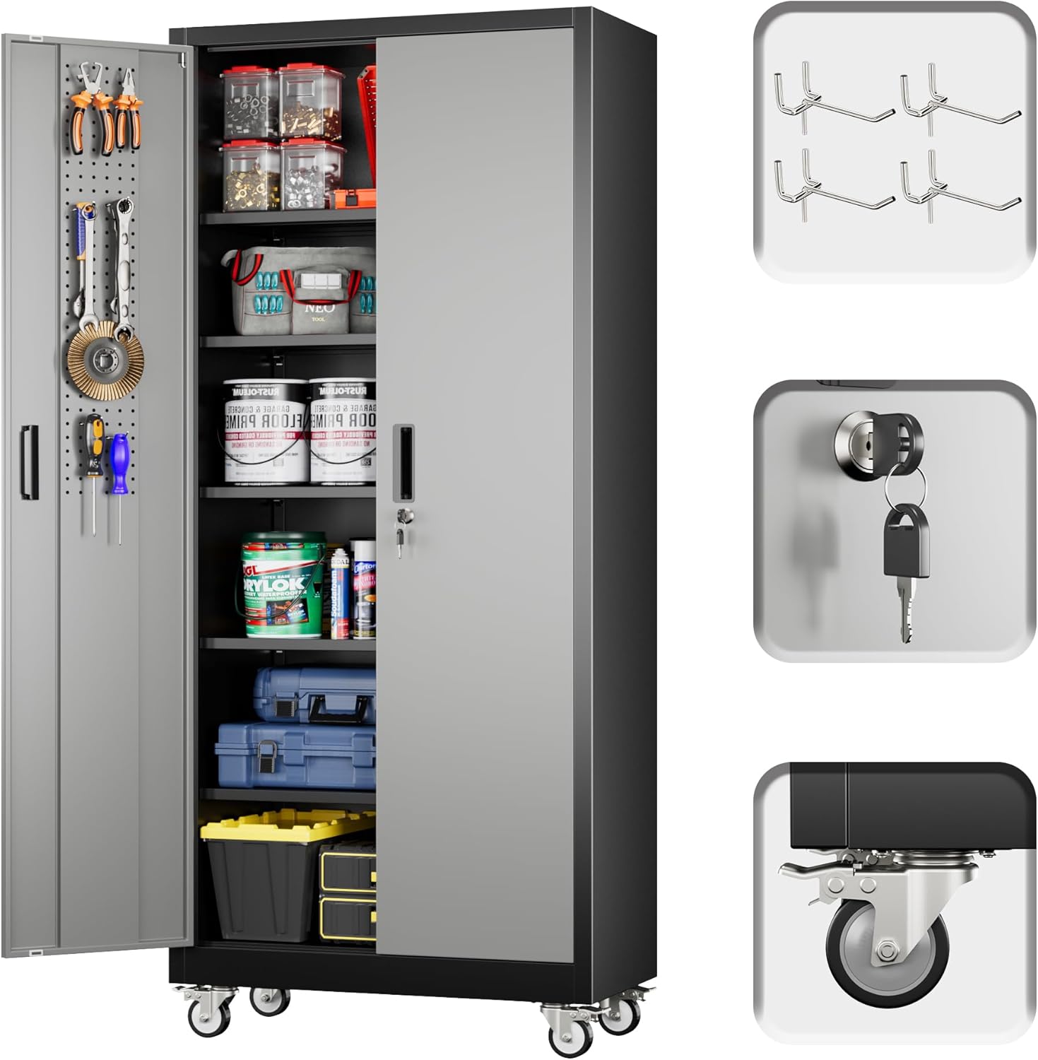 Garage Storage Cabinet With Pegboard And 5 Adjustable Shelves, Metal Lockable Cabinet With Magnetic Doors,Tool Storage,Home Office Garage,Gym,School Black-Grey
