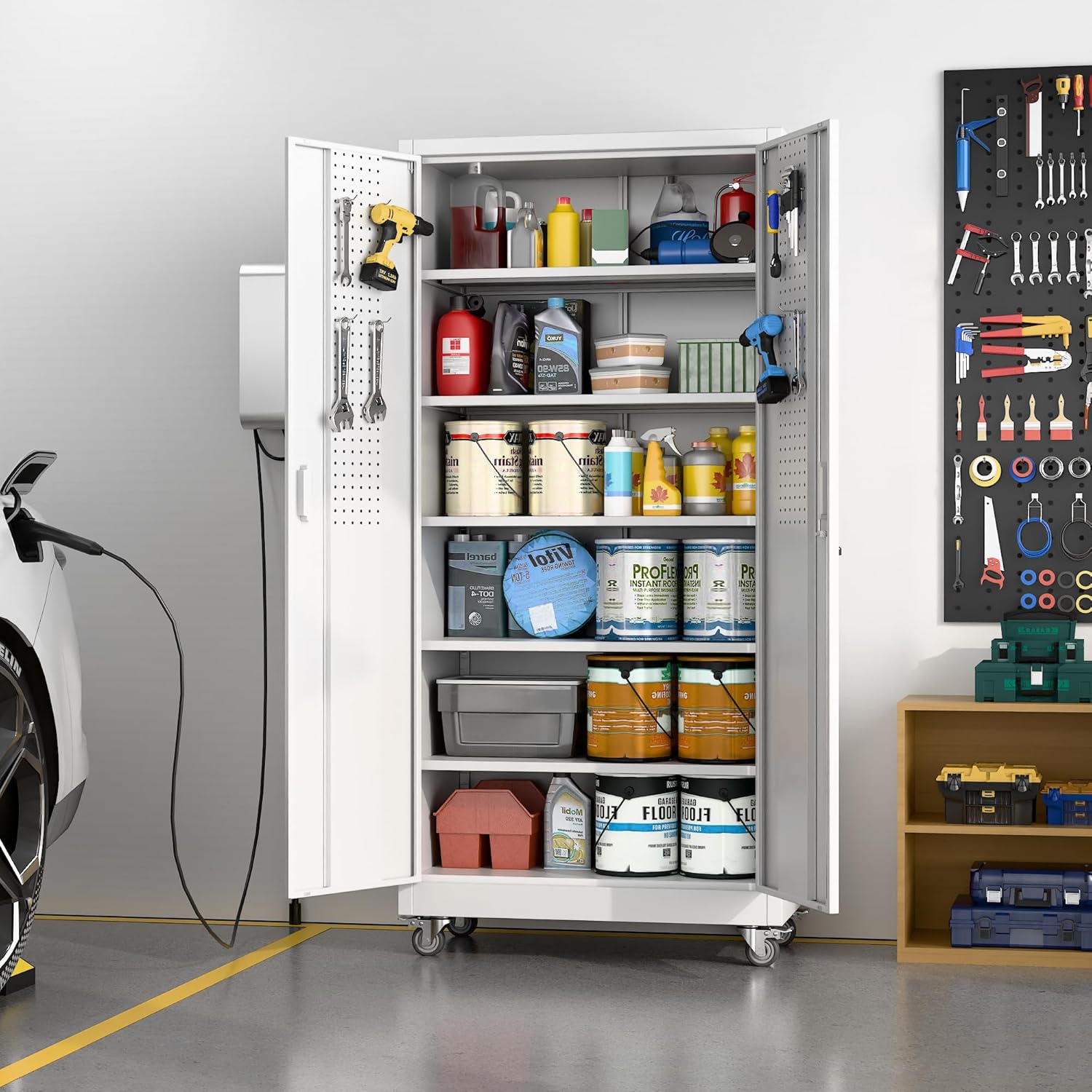 Garage Storage Cabinet With Wheels & Pegboard, Locking Metal Storage Cabinet With 2 Doors And 5 Adjustable Shelves For Garage Workshop Home, White, Assembly Required