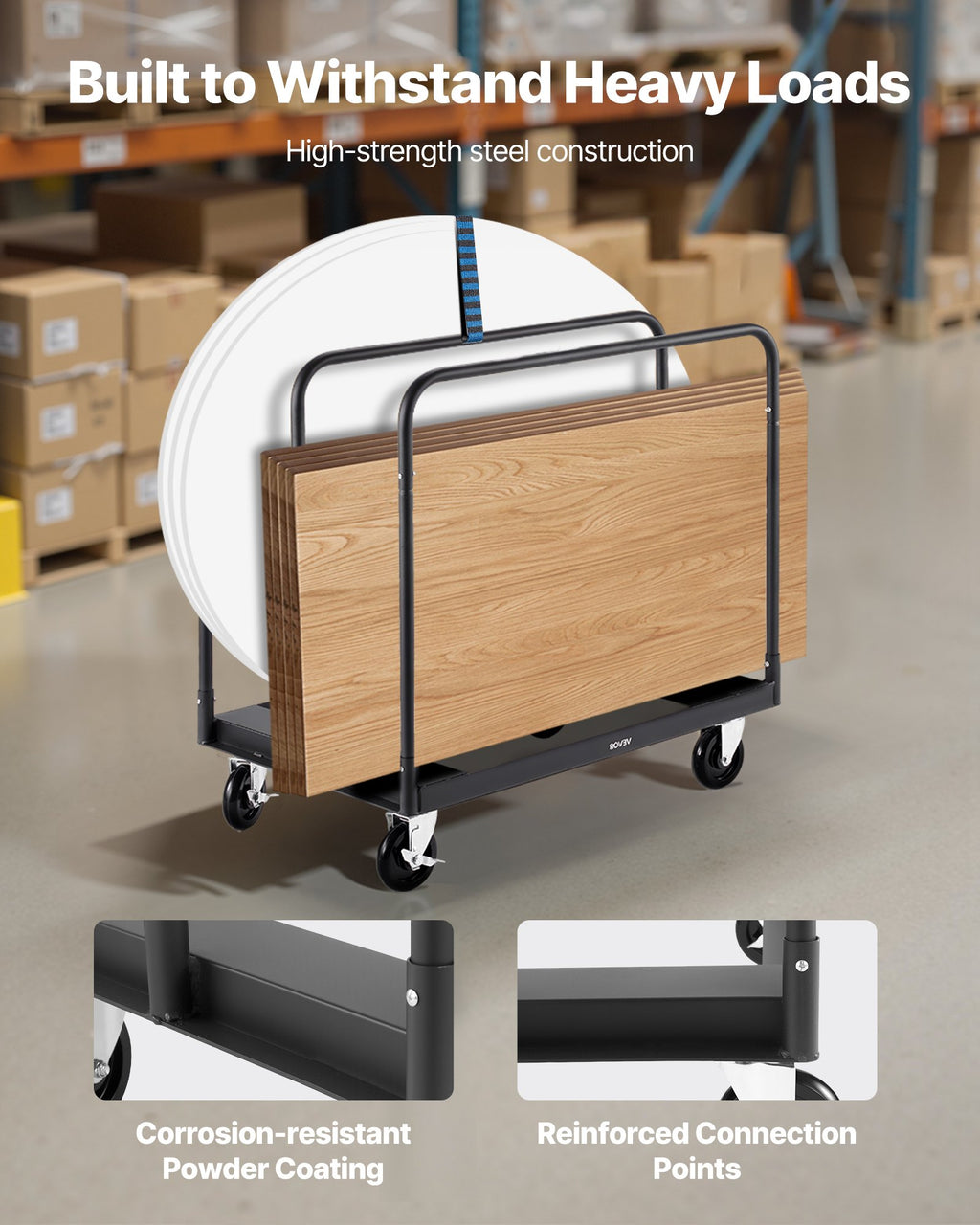 Drywall Cart Dolly, 1800 Lbs Load Capacity, Steel Panel Truck Cart With 5 Inch Swivel Casters, Lumber Drywall Dolly With With Tie-Down Strap & 3 Side Handrails For Factory, Warehouse, Garage, Black