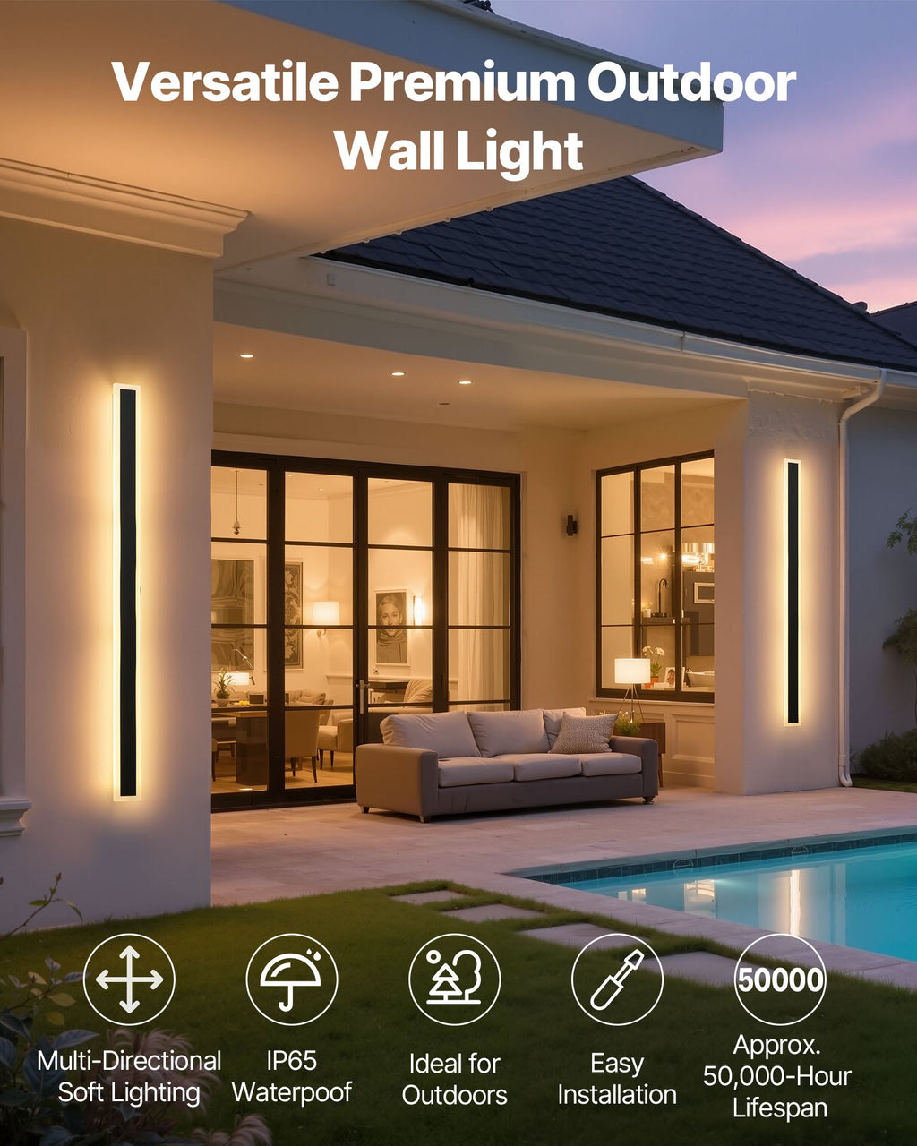 Outdoor Wall Lights, 2 Pack, 47.2 Inch Long Strip Modern Exterior Wall Sconce Light Fixtures, 3000K Warm White, IP65 Waterproof Anti-Rust Outside Wall Mount Lighting, For House, Porch, Garage