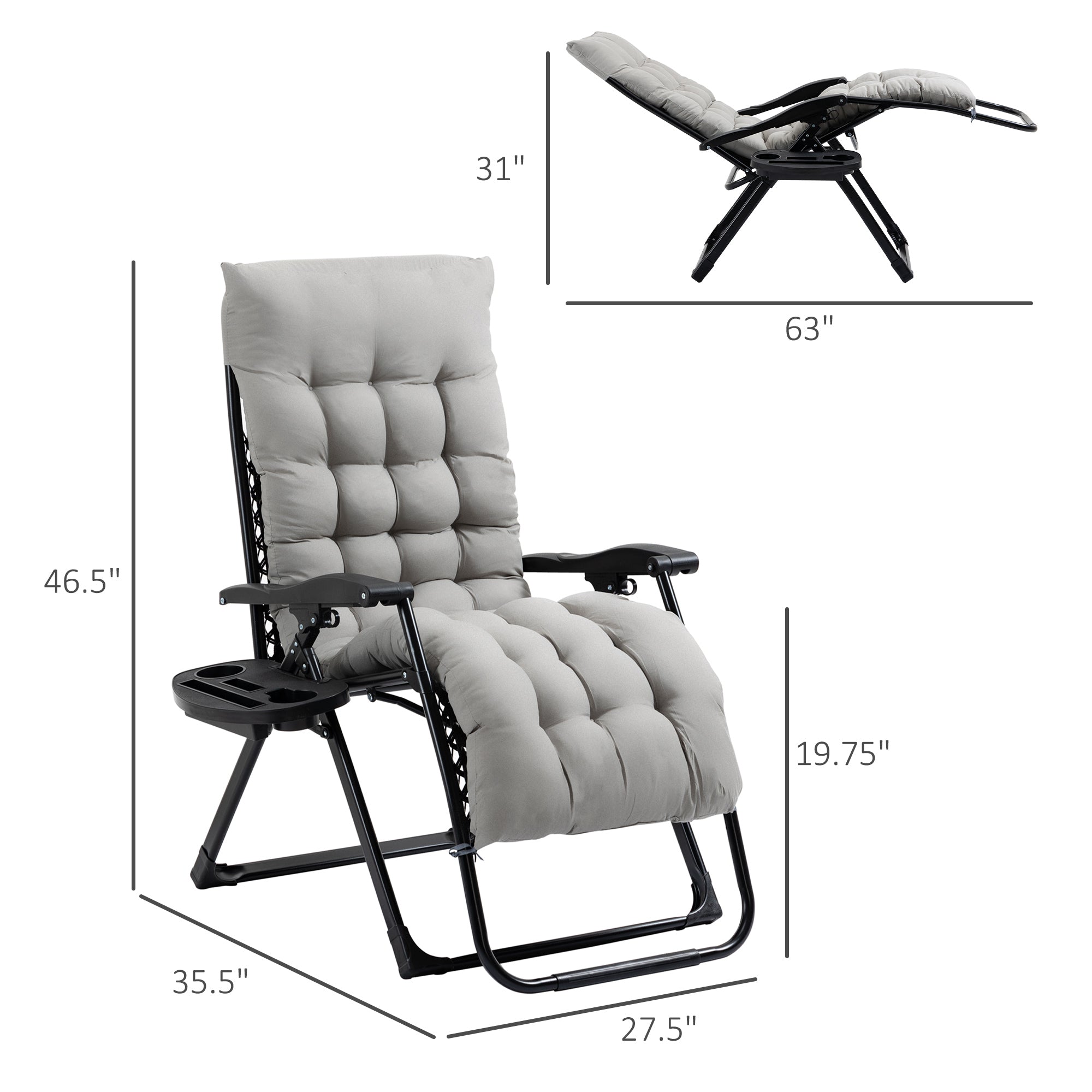 Padded Zero Gravity Chair, Folding Recliner Chair With Cup Holder Cushion, Gray