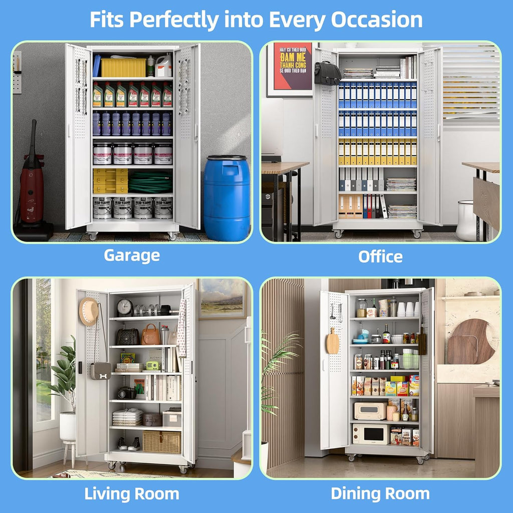 Garage Storage Cabinet With Wheels & Pegboard, Locking Metal Storage Cabinet With 2 Doors And 5 Adjustable Shelves For Garage Workshop Home, White, Assembly Required