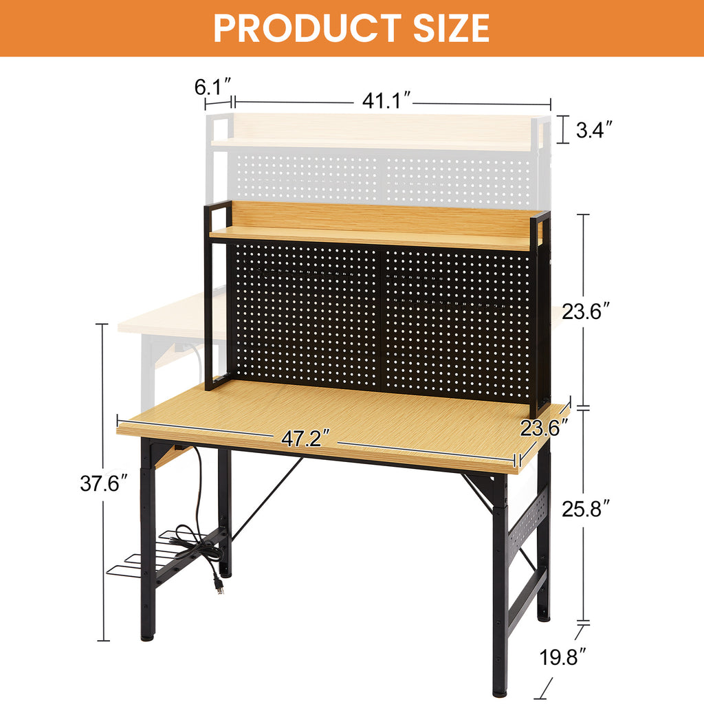 48  Adjustable Workbench With Pegboard, Heavy Duty Wooden Desktop Workbench With Wheels, 1600 Lb. Load Capacity, Rolling Workbench With AC USB Outlet, Hooks, Shelf