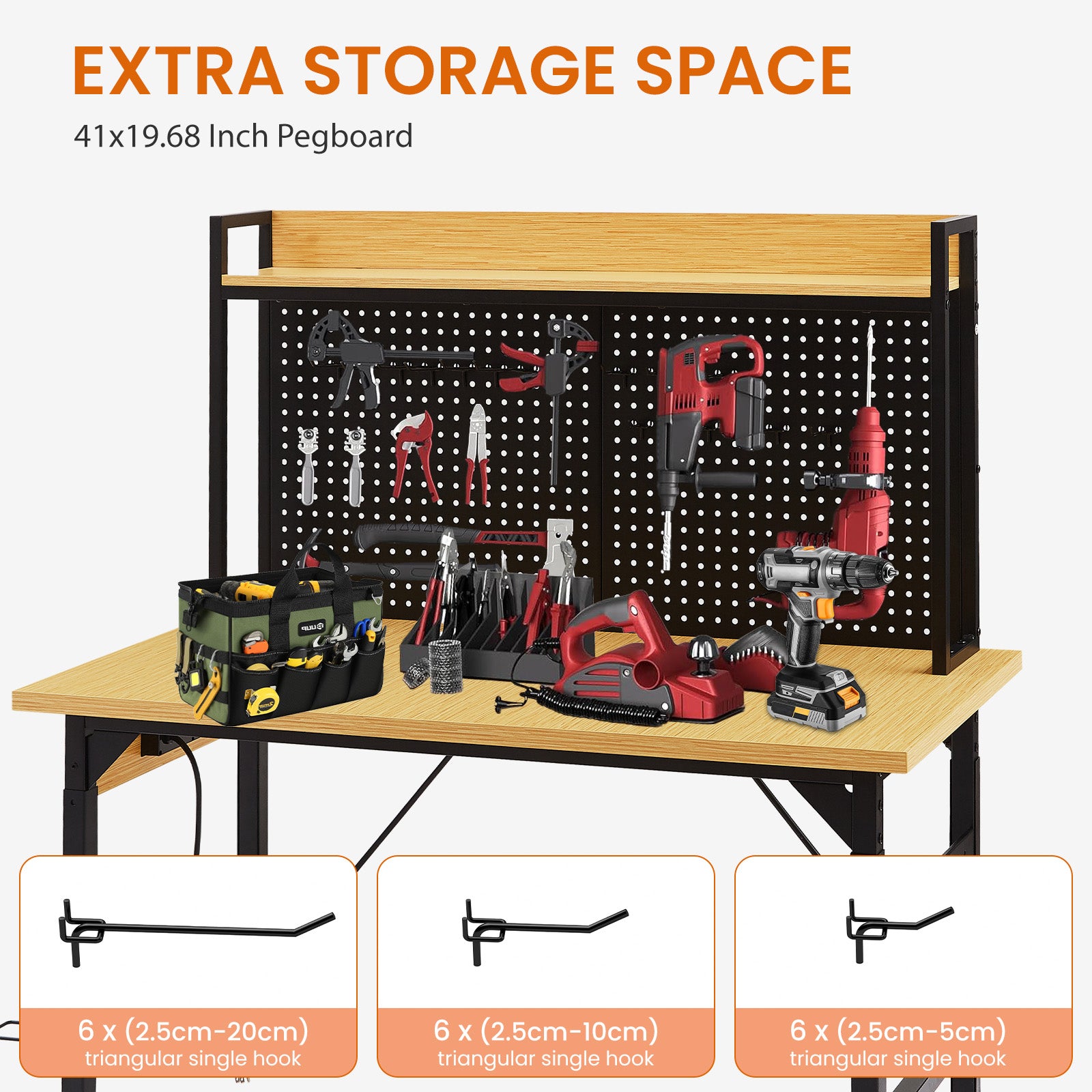 48  Adjustable Workbench With Pegboard, Heavy Duty Wooden Desktop Workbench With Wheels, 1600 Lb. Load Capacity, Rolling Workbench With AC USB Outlet, Hooks, Shelf