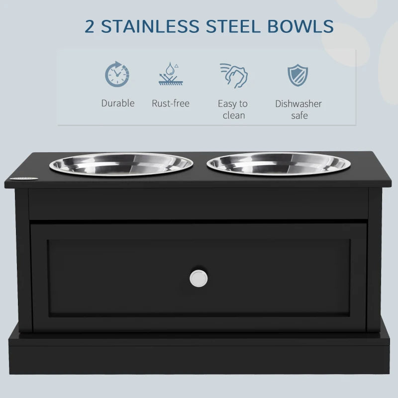 Dog Bowls With Storage Drawer, Raised Dog Bowl Stand Pet Food Bowl Dog Feeding Station, Black