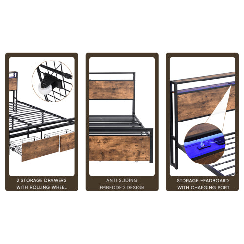 Full Size Bed Frame With Storage Headboard And 2 Drawers, LED Lights Bed With Charging Station, Metal Platform Bed No Noise