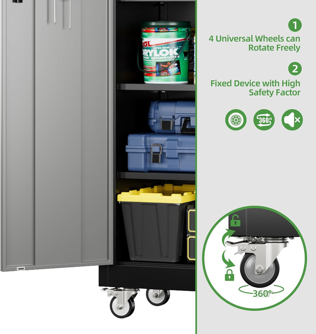 Garage Storage Cabinet With Pegboard And 5 Adjustable Shelves, Metal Lockable Cabinet With Magnetic Doors,Tool Storage,Home Office Garage,Gym,School Black-Grey