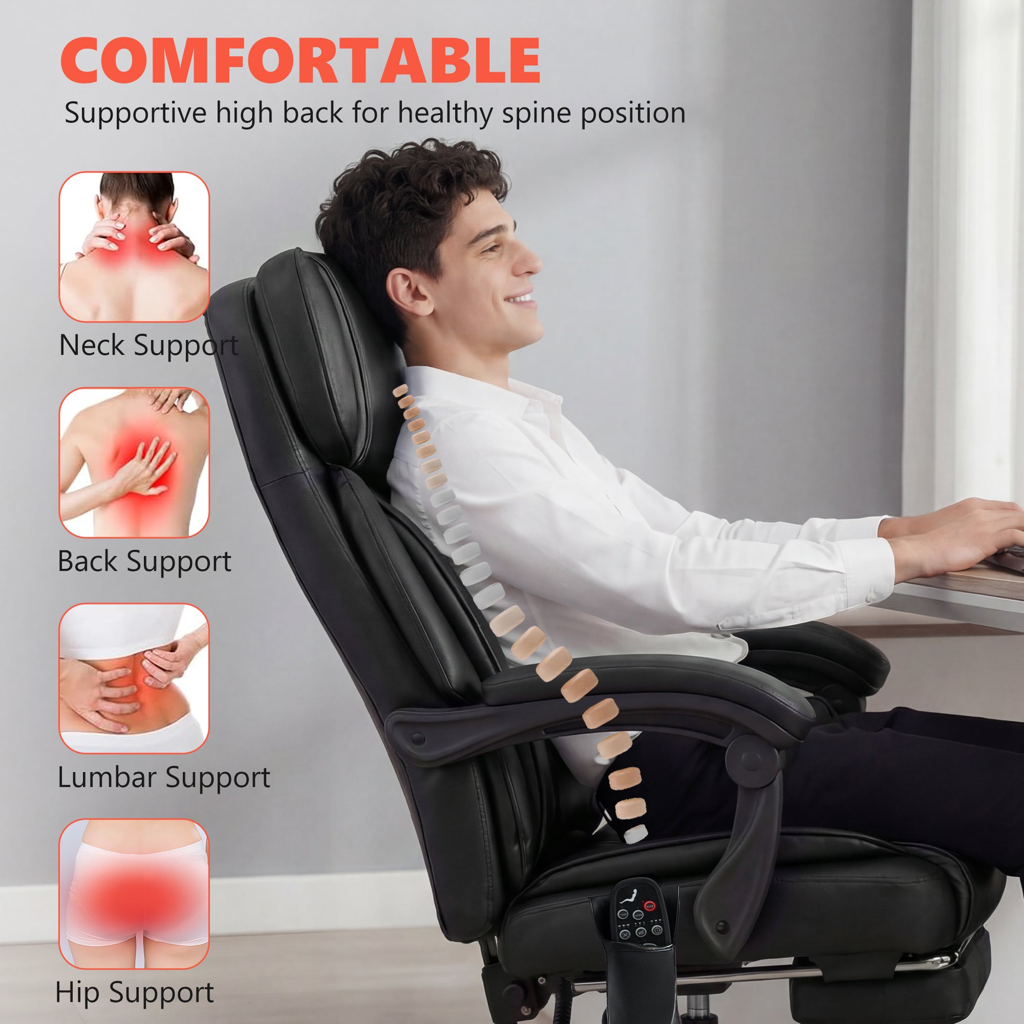 High Back Vibration Massage Office Chair Heated Reclining Computer Chair w/ Footrest, Swivel Wheels, Remote, Black