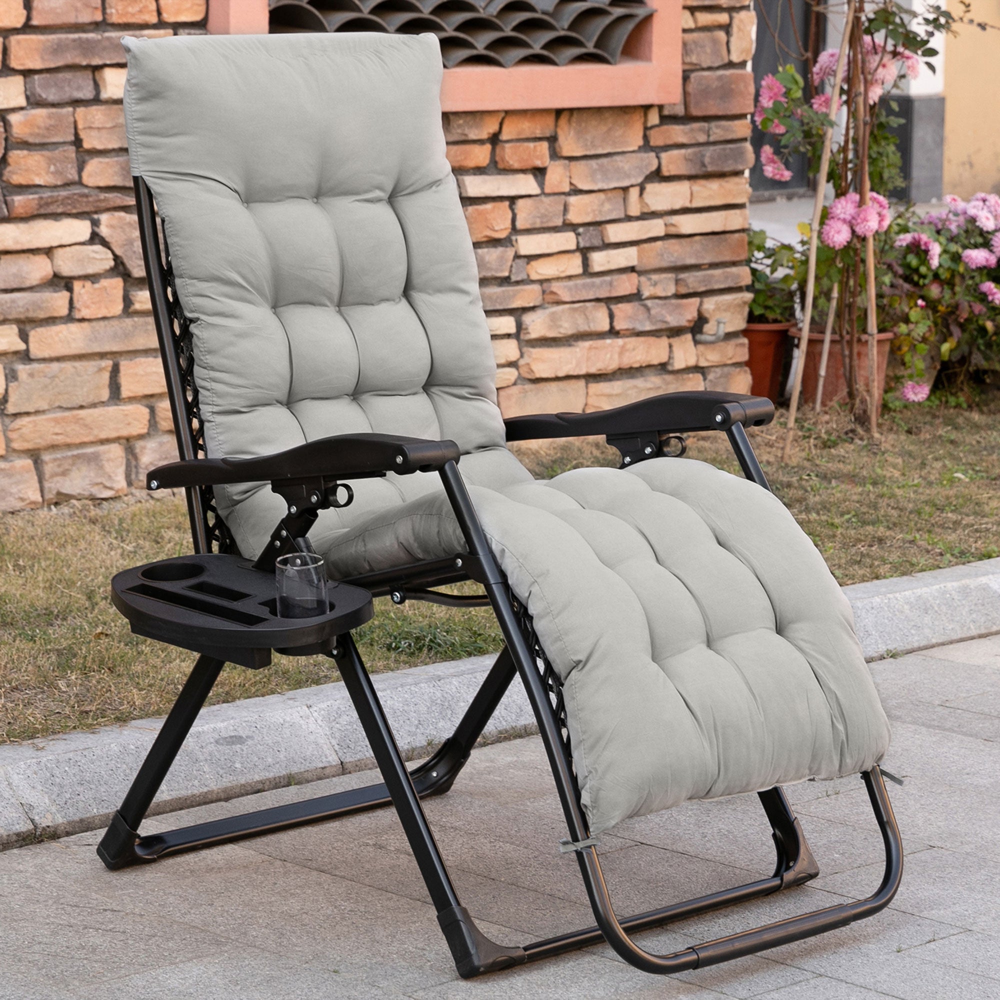 Padded Zero Gravity Chair, Folding Recliner Chair With Cup Holder Cushion, Gray