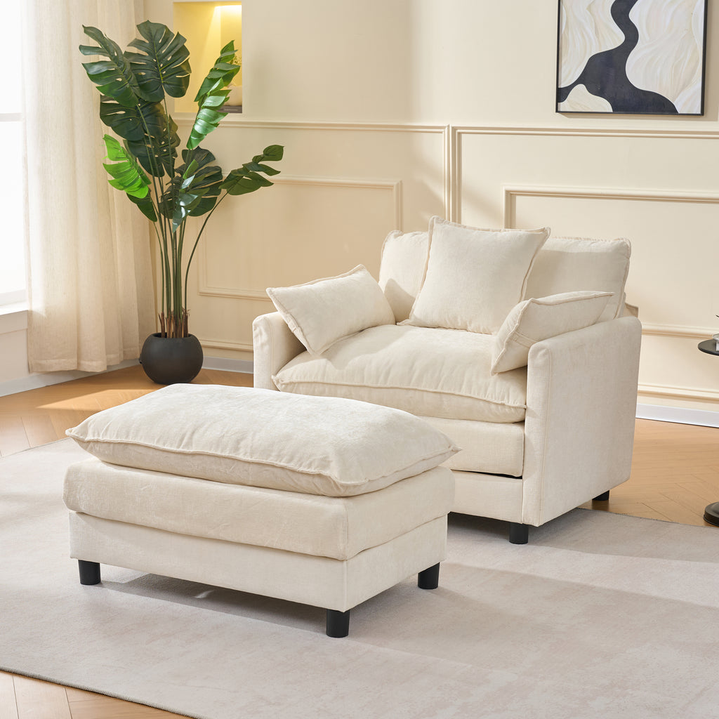 39.4  Modern Accent Chair With Ottoman, Living Room Club Chair Chenille Upholstered Armchair , Reading Chair For Bedroom, Beige Chenille