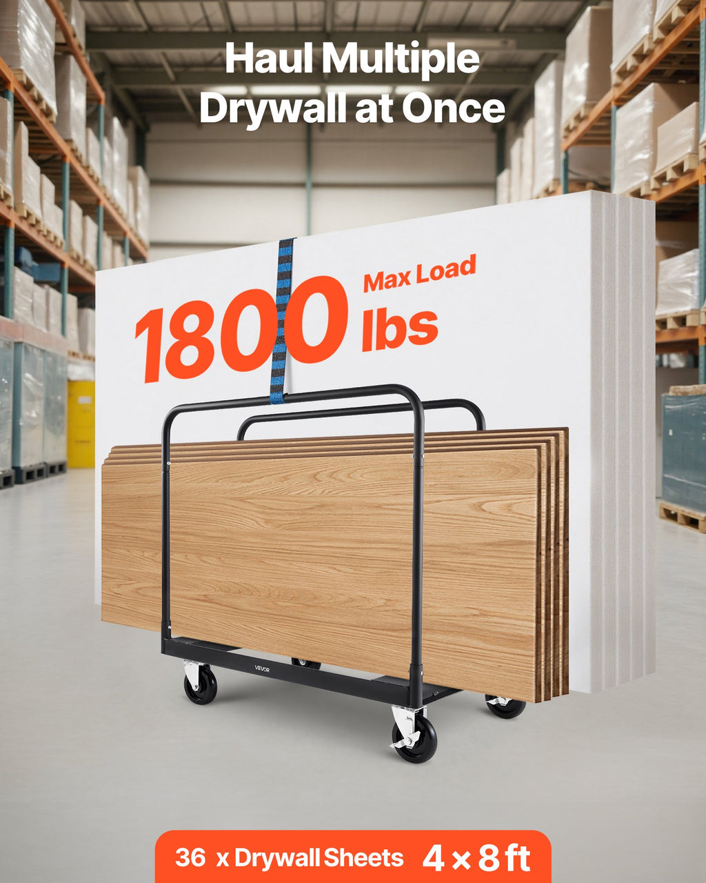 Drywall Cart Dolly, 1800 Lbs Load Capacity, Steel Panel Truck Cart With 5 Inch Swivel Casters, Lumber Drywall Dolly With With Tie-Down Strap & 3 Side Handrails For Factory, Warehouse, Garage, Black