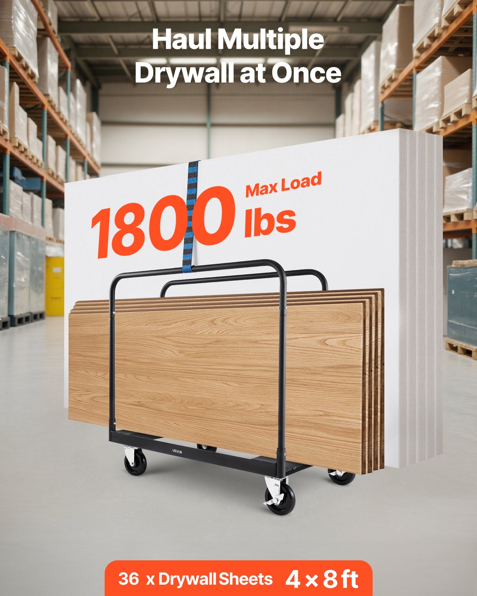 Drywall Cart Dolly, 1800 Lbs Load Capacity, Steel Panel Truck Cart With 5 Inch Swivel Casters, Lumber Drywall Dolly With With Tie-Down Strap & 3 Side Handrails For Factory, Warehouse, Garage, Black
