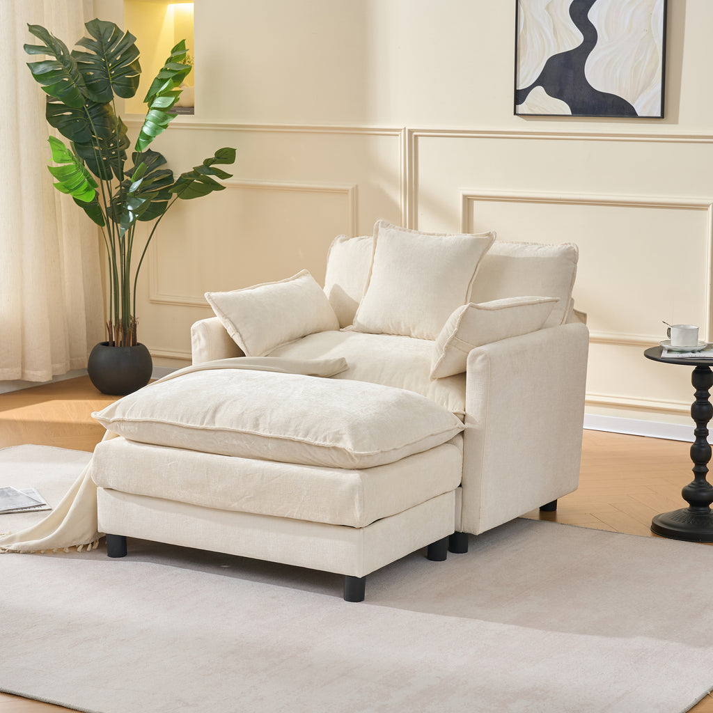 39.4  Modern Accent Chair With Ottoman, Living Room Club Chair Chenille Upholstered Armchair , Reading Chair For Bedroom, Beige Chenille