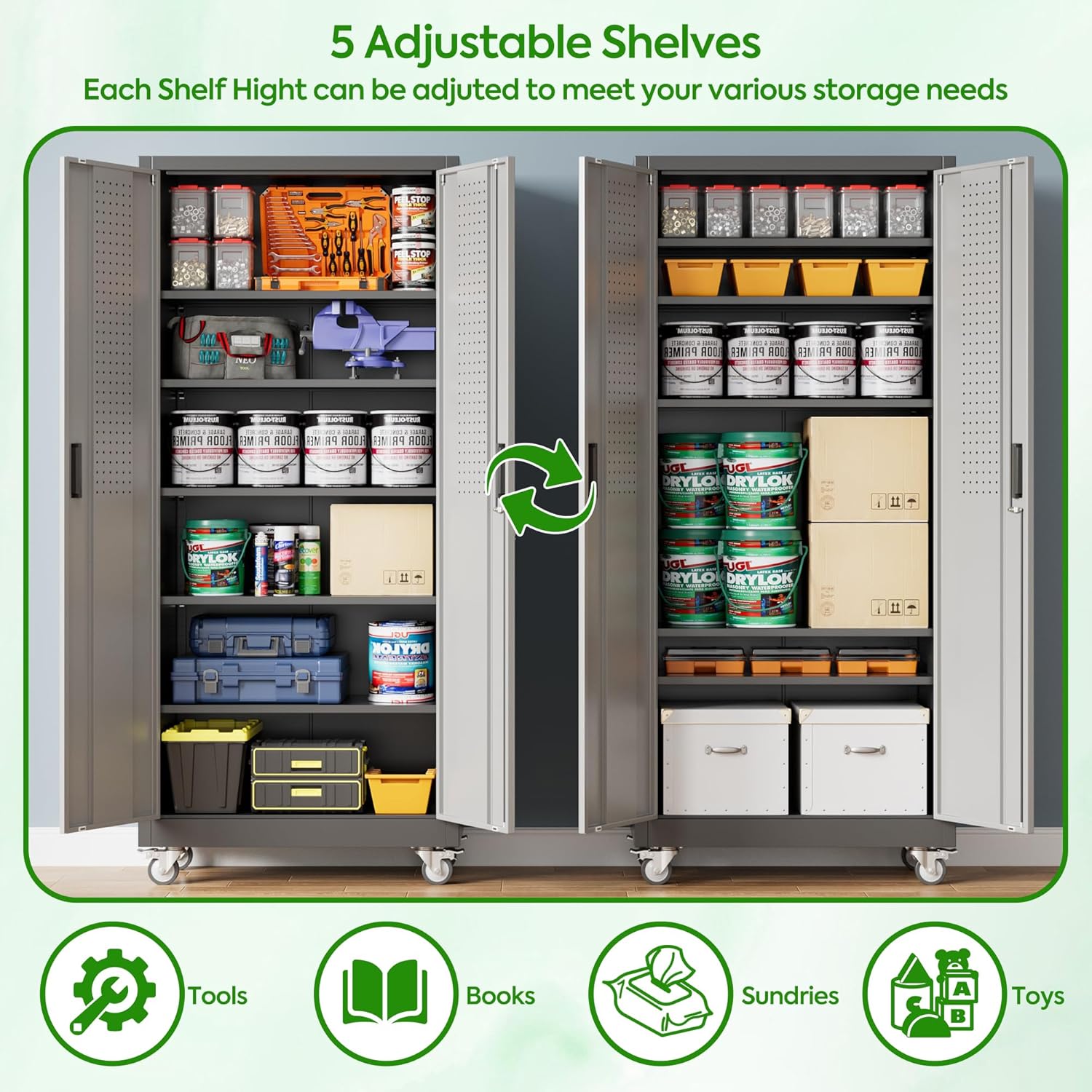 Garage Storage Cabinet With Pegboard And 5 Adjustable Shelves, Metal Lockable Cabinet With Magnetic Doors,Tool Storage,Home Office Garage,Gym,School Black-Grey