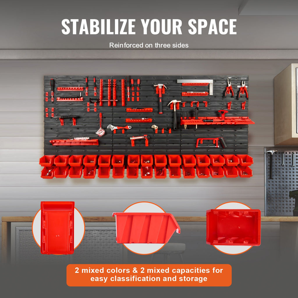 VEVOR Wall Mounted Storage Bins, 30-Bin Parts Rack Organizer Garage Plastic Shop Tool With Wall Panels Tool Holders Hooks, Tool Organizer For Nuts, Bolts, Screws, Nails, Beads, Buttons, Black And Red